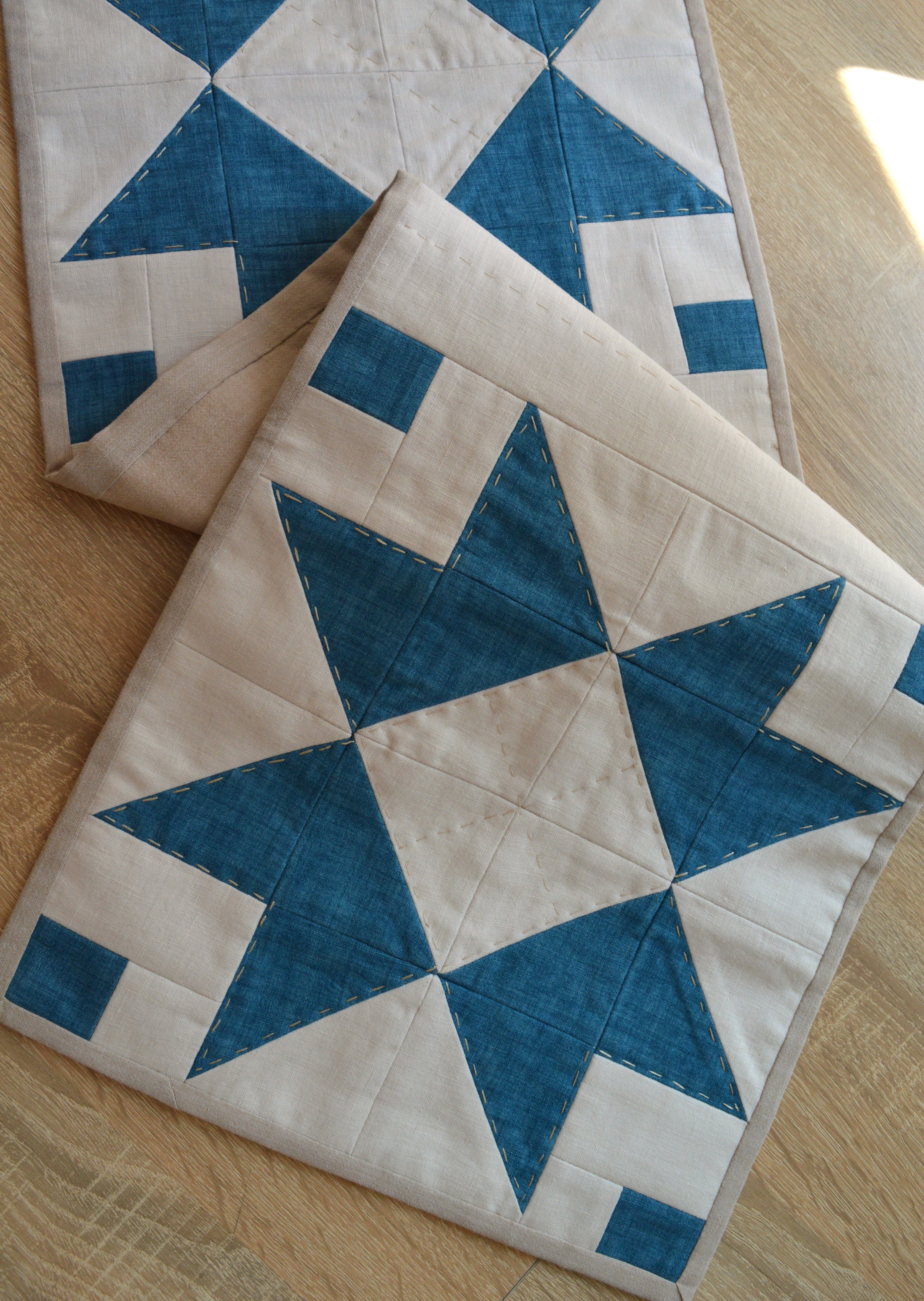 Hand-Quilted Deep Azure & Milky Linen Table Runner — New Nordic Patchwork
