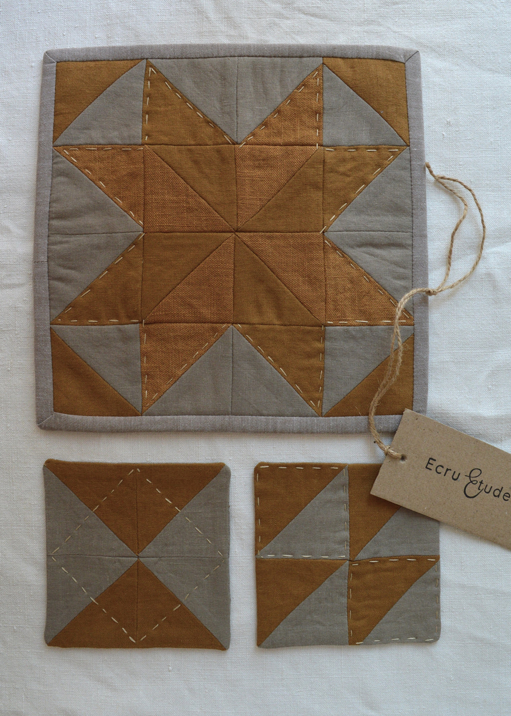 Hand-Quilted Ochre & Dark Taupe Linen Table Set — Patchwork Mat & 2 Coasters