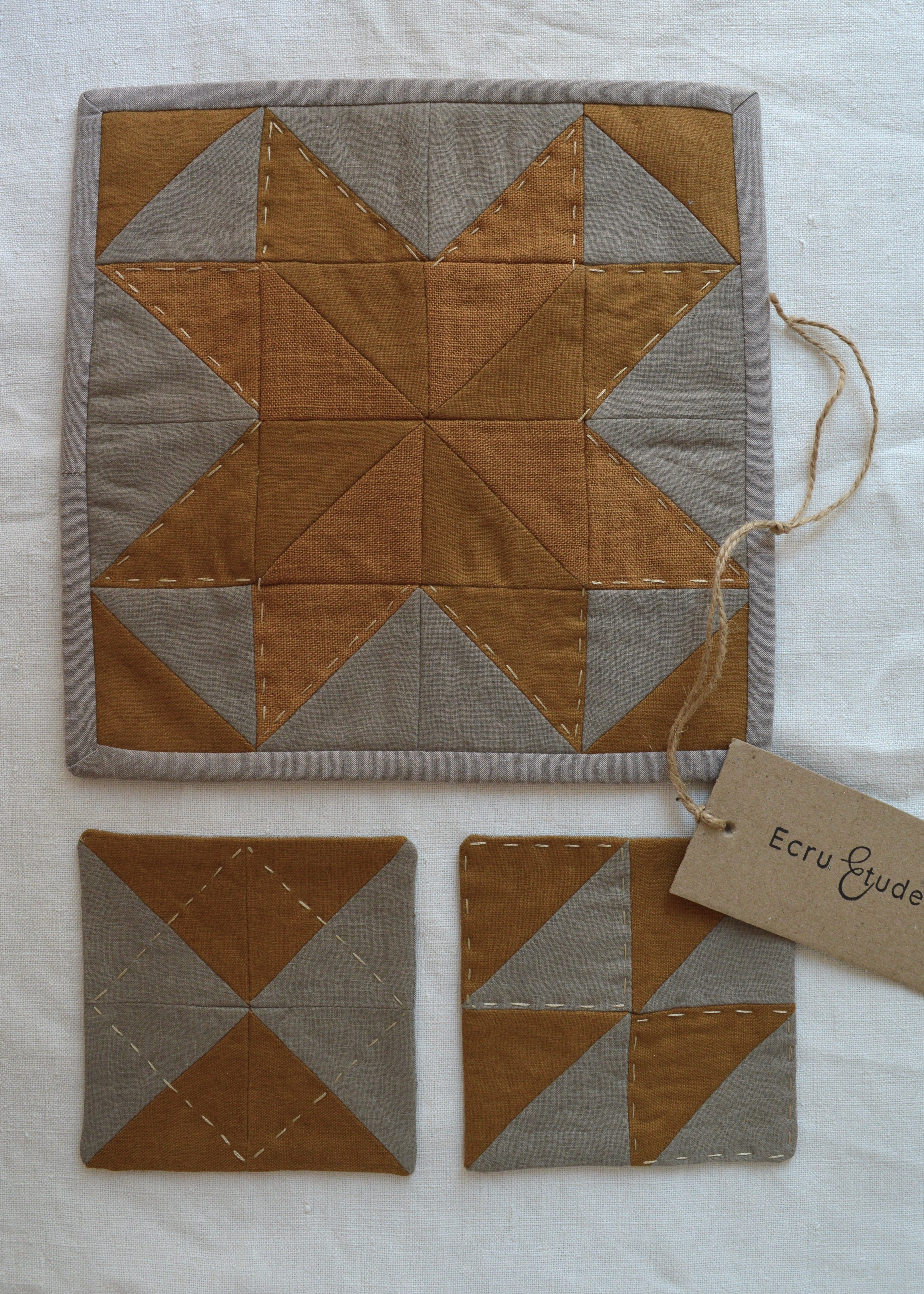 Hand-Quilted Ochre & Dark Taupe Linen Table Set — Patchwork Mat & 2 Coasters