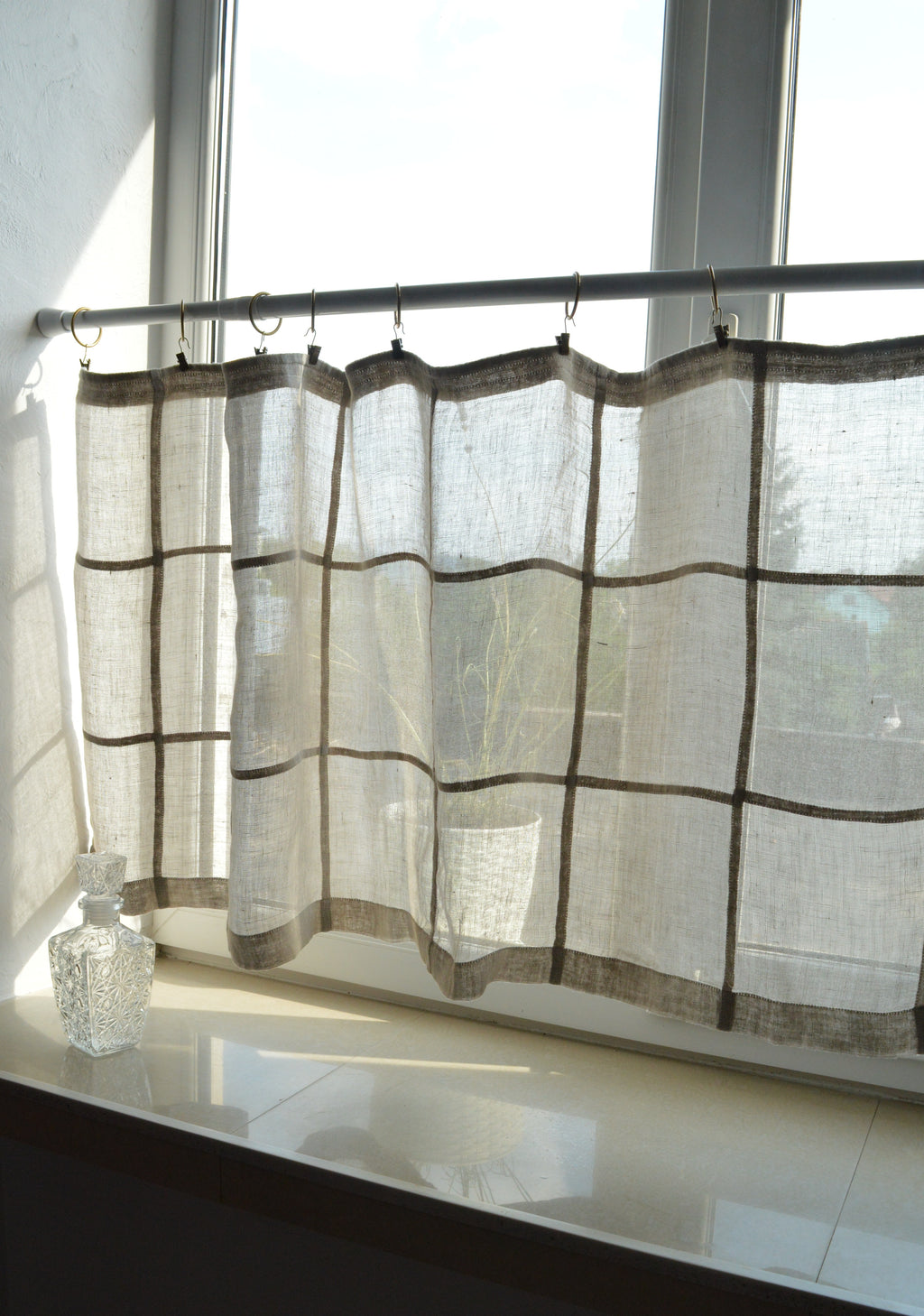 Handmade Geometric Linen Cafe Curtain – Sheer Patchwork Panel (22" x 50")