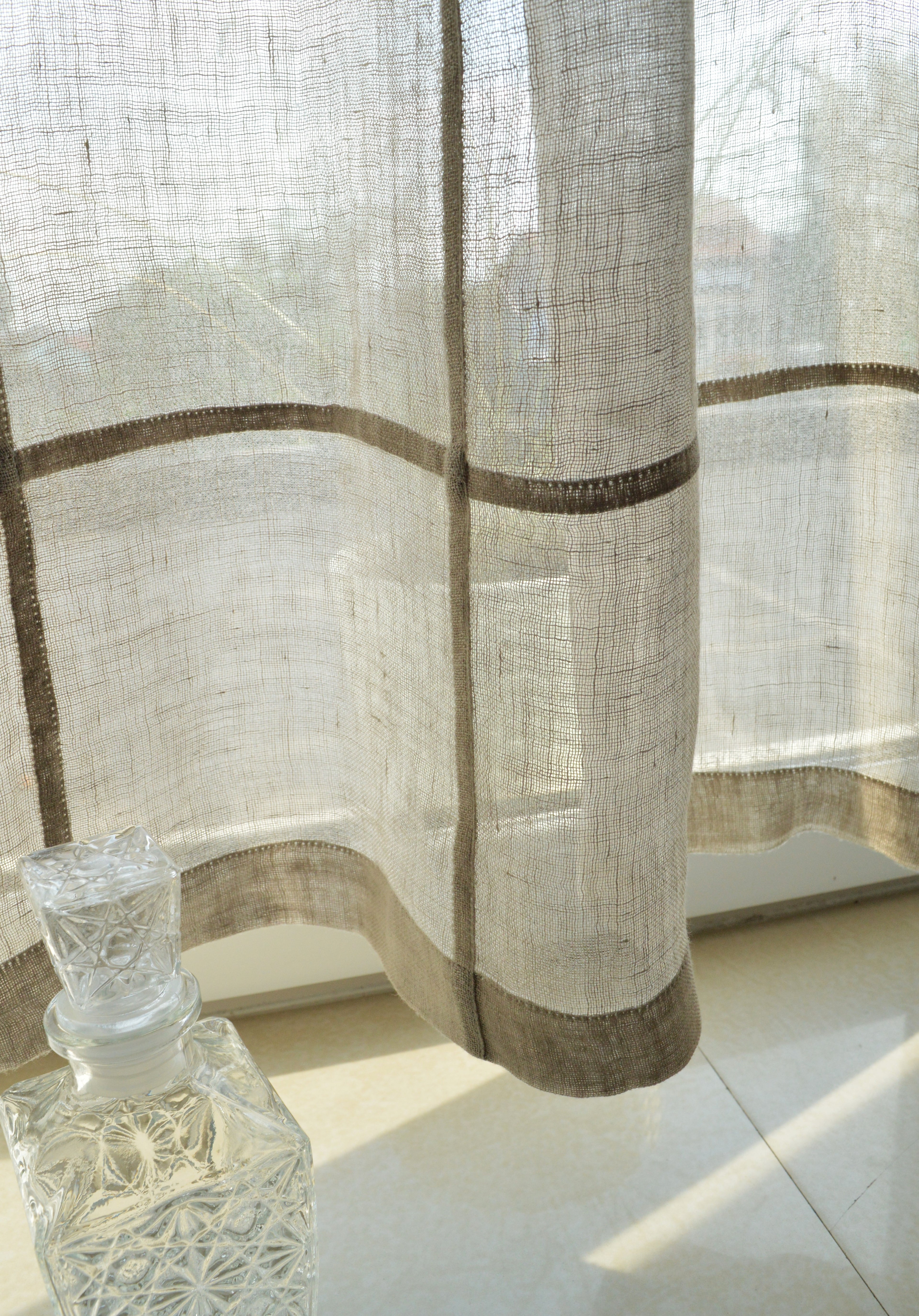 Handmade Geometric Linen Cafe Curtain – Sheer Patchwork Panel (22" x 50")