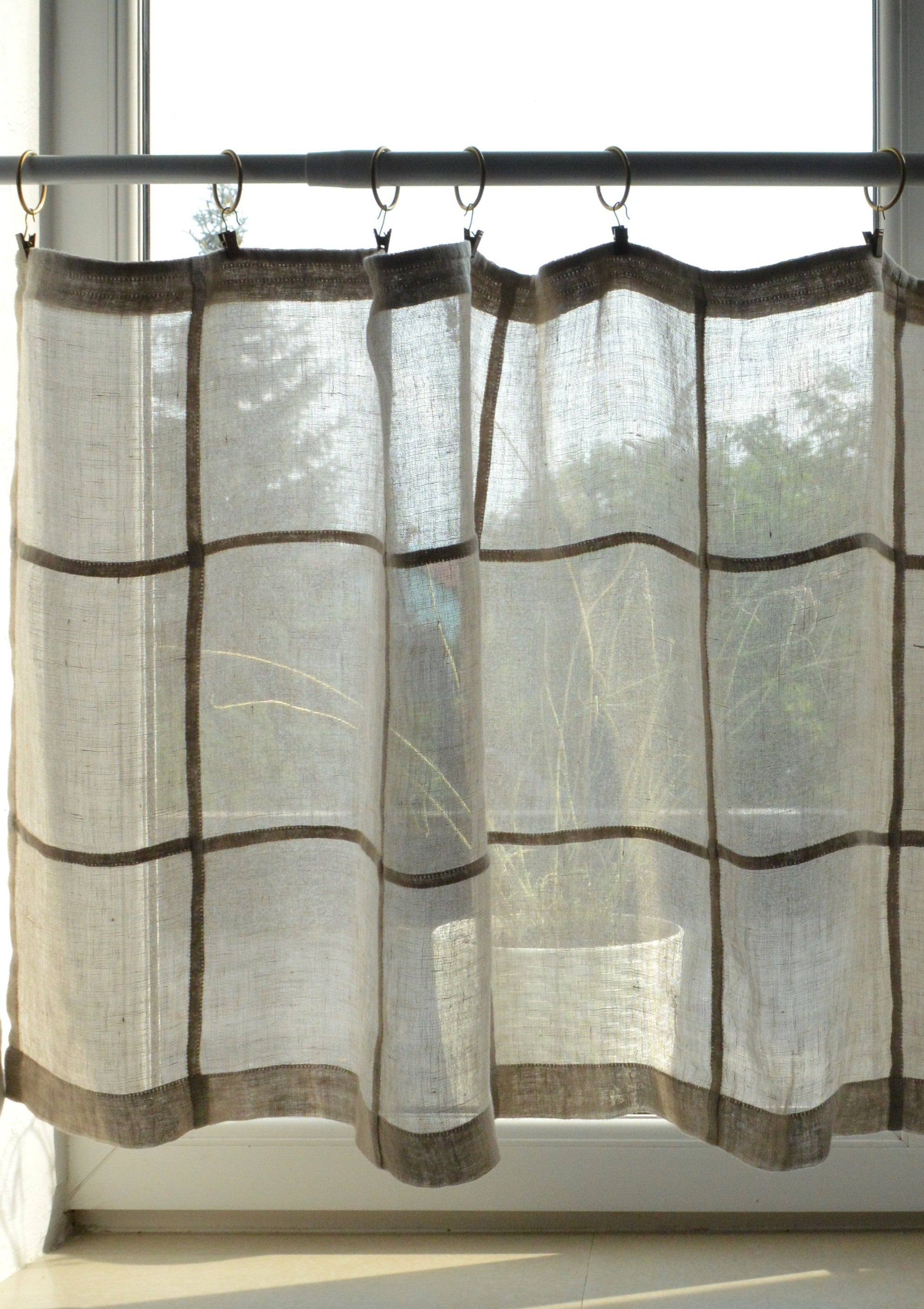 Handmade Geometric Linen Cafe Curtain – Sheer Patchwork Panel (22" x 50")