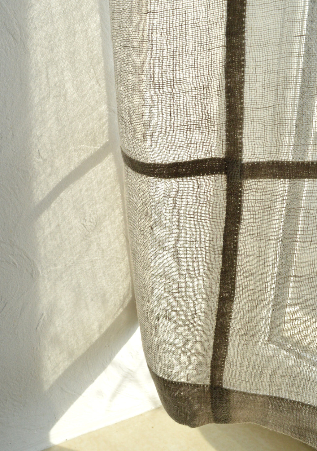 Handmade Geometric Linen Cafe Curtain – Sheer Patchwork Panel (22" x 50")