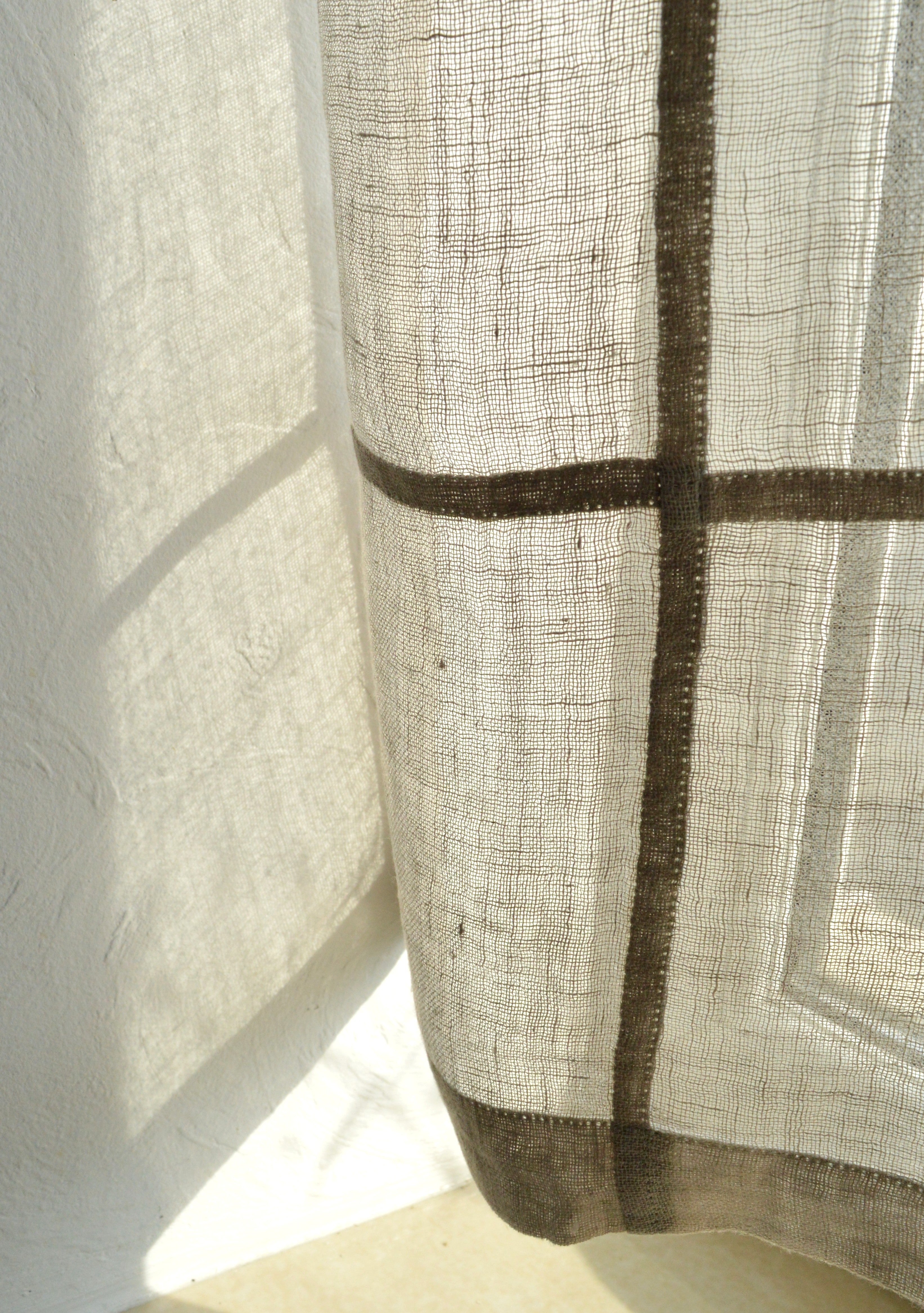 Handmade Geometric Linen Cafe Curtain – Sheer Patchwork Panel (22" x 50")