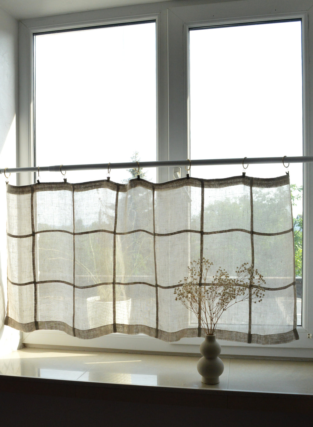 Handmade Geometric Linen Cafe Curtain – Sheer Patchwork Panel (22" x 50")