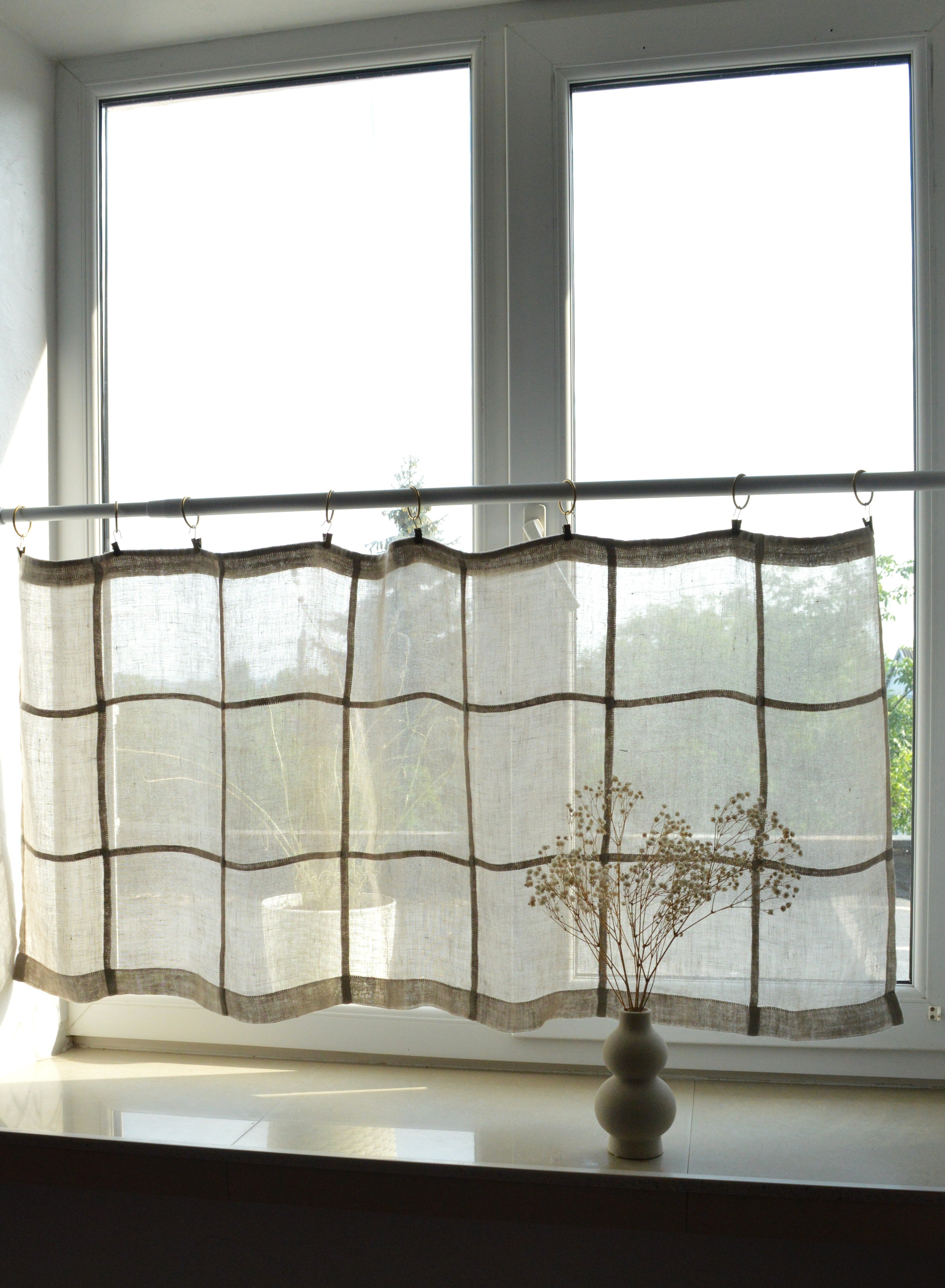 Handmade Geometric Linen Cafe Curtain – Sheer Patchwork Panel (22" x 50")
