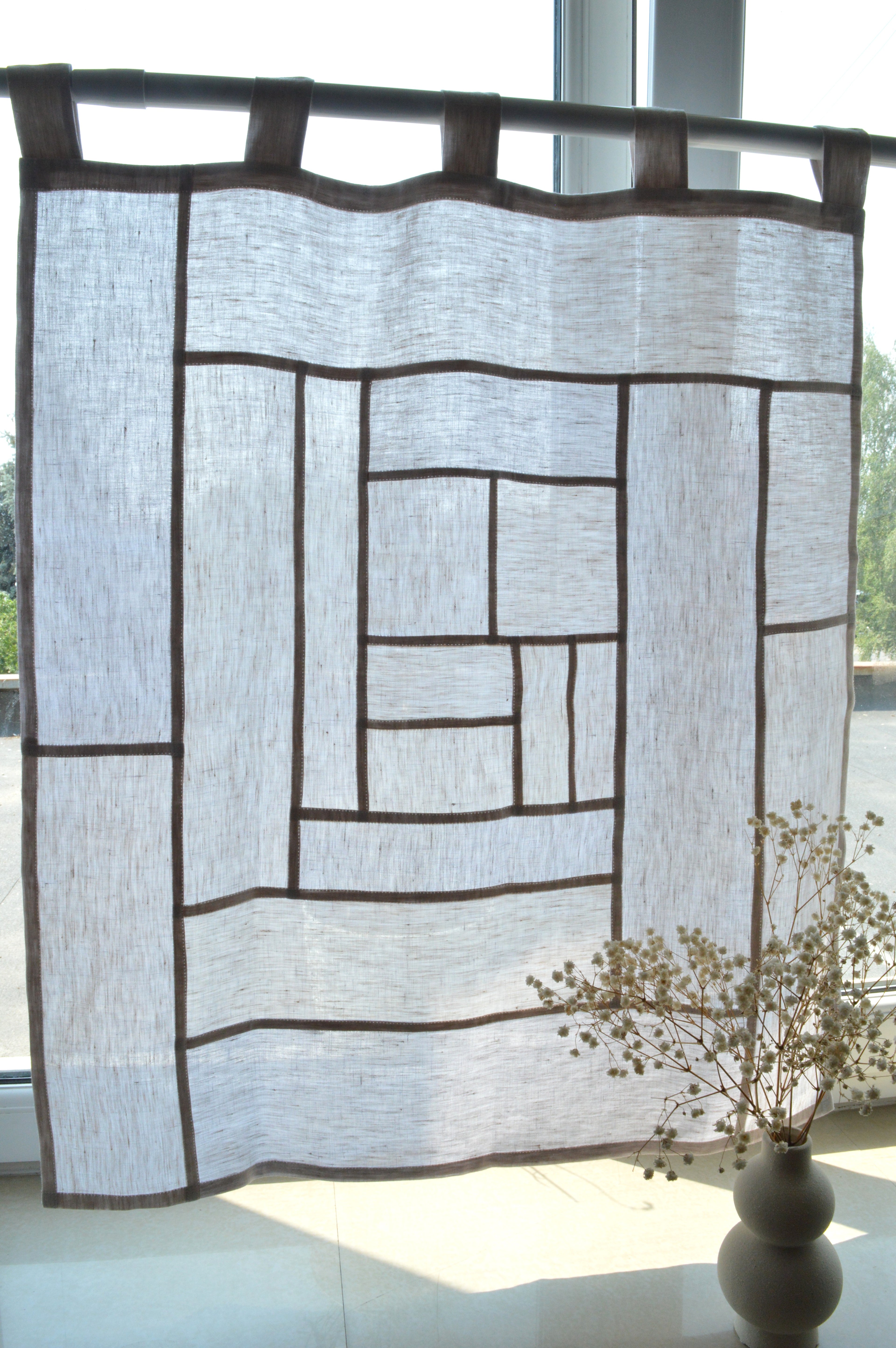Pojagi-Style Linen Window Panel — Oatmeal & Soft Beige Patchwork Cafe Curtain (24.4" х 28.3")