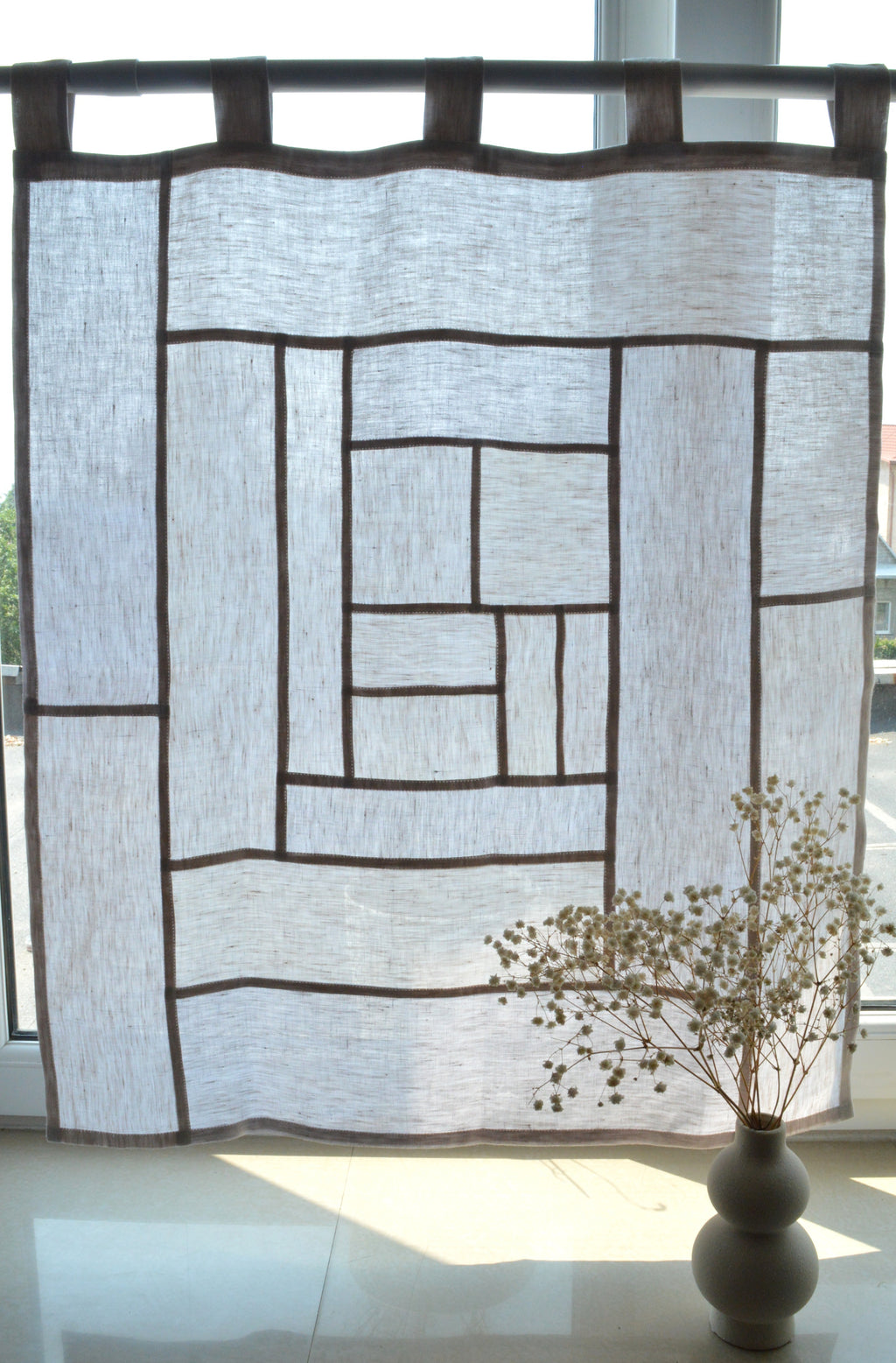Pojagi-Style Linen Window Panel — Oatmeal & Soft Beige Patchwork Cafe Curtain (24.4" х 28.3")