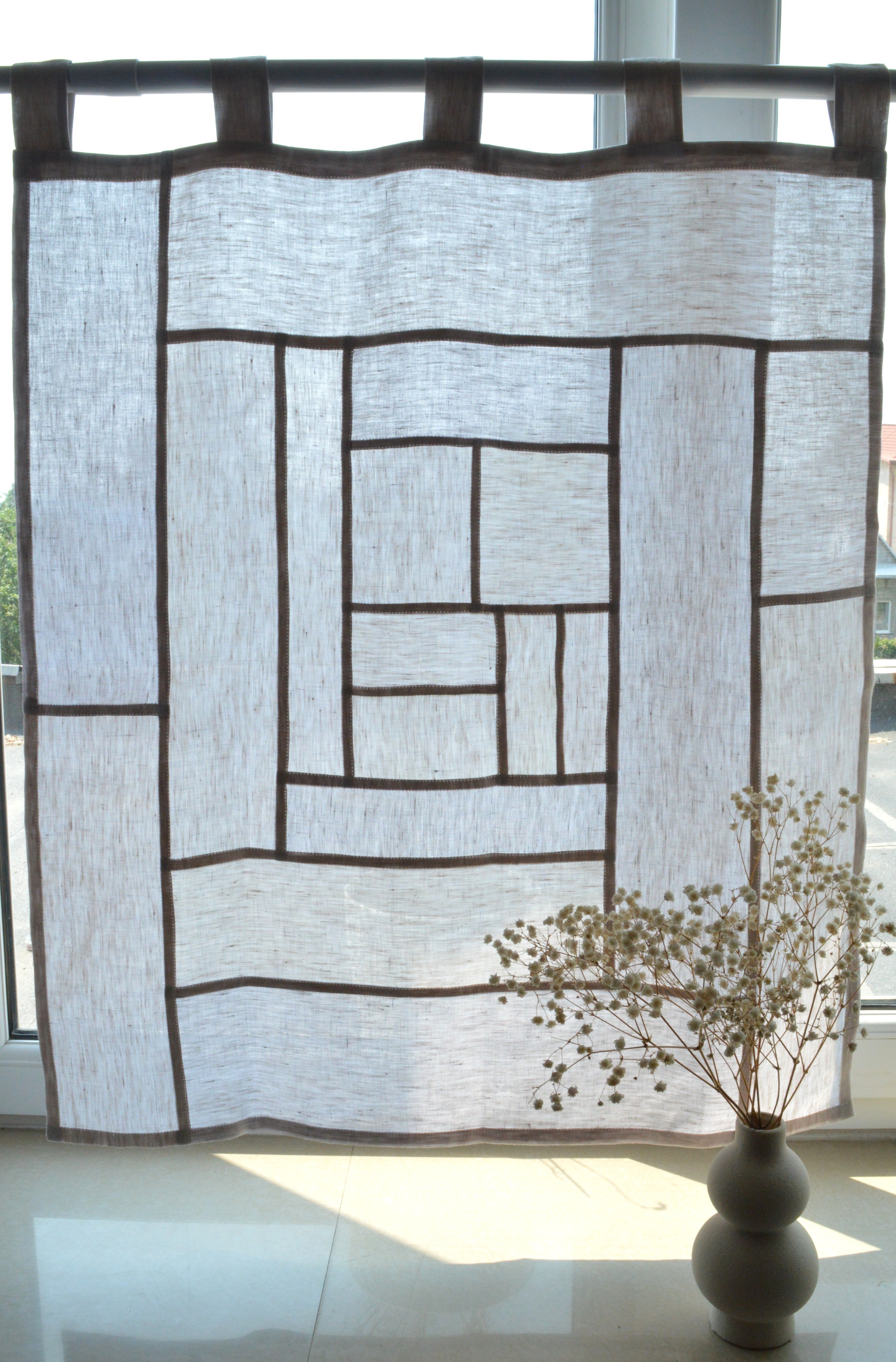 Pojagi-Style Linen Window Panel — Oatmeal & Soft Beige Patchwork Cafe Curtain (24.4" х 28.3")