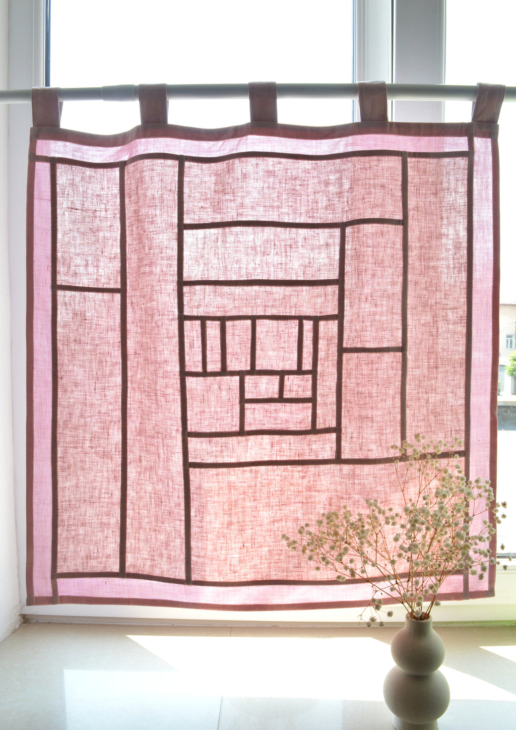 Pojagi-Style Linen Window Panel — Dusty pink Patchwork Cafe Curtain (26.7" х 26.7")