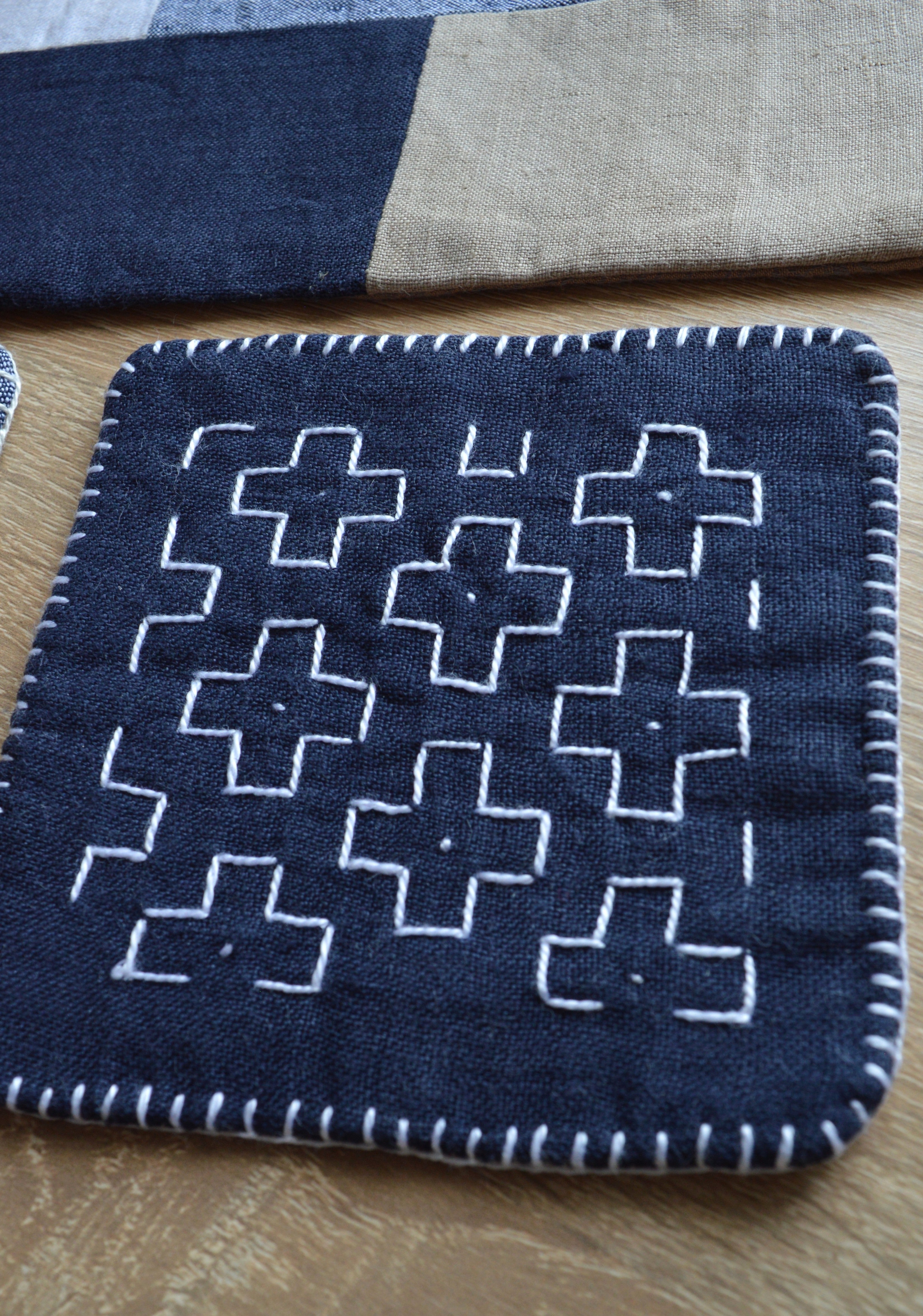 Sashiko Linen Coasters – Set of 4
