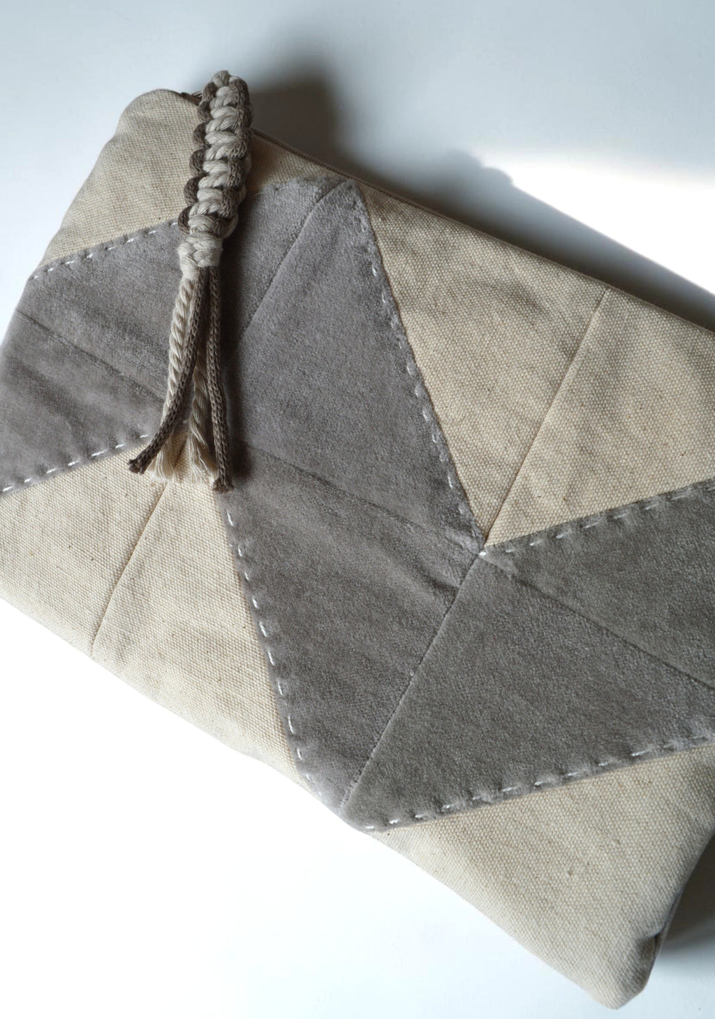 Neutral Quilted Cosmetic Bag | Patchwork Makeup Pouch in Cotton & Velvet