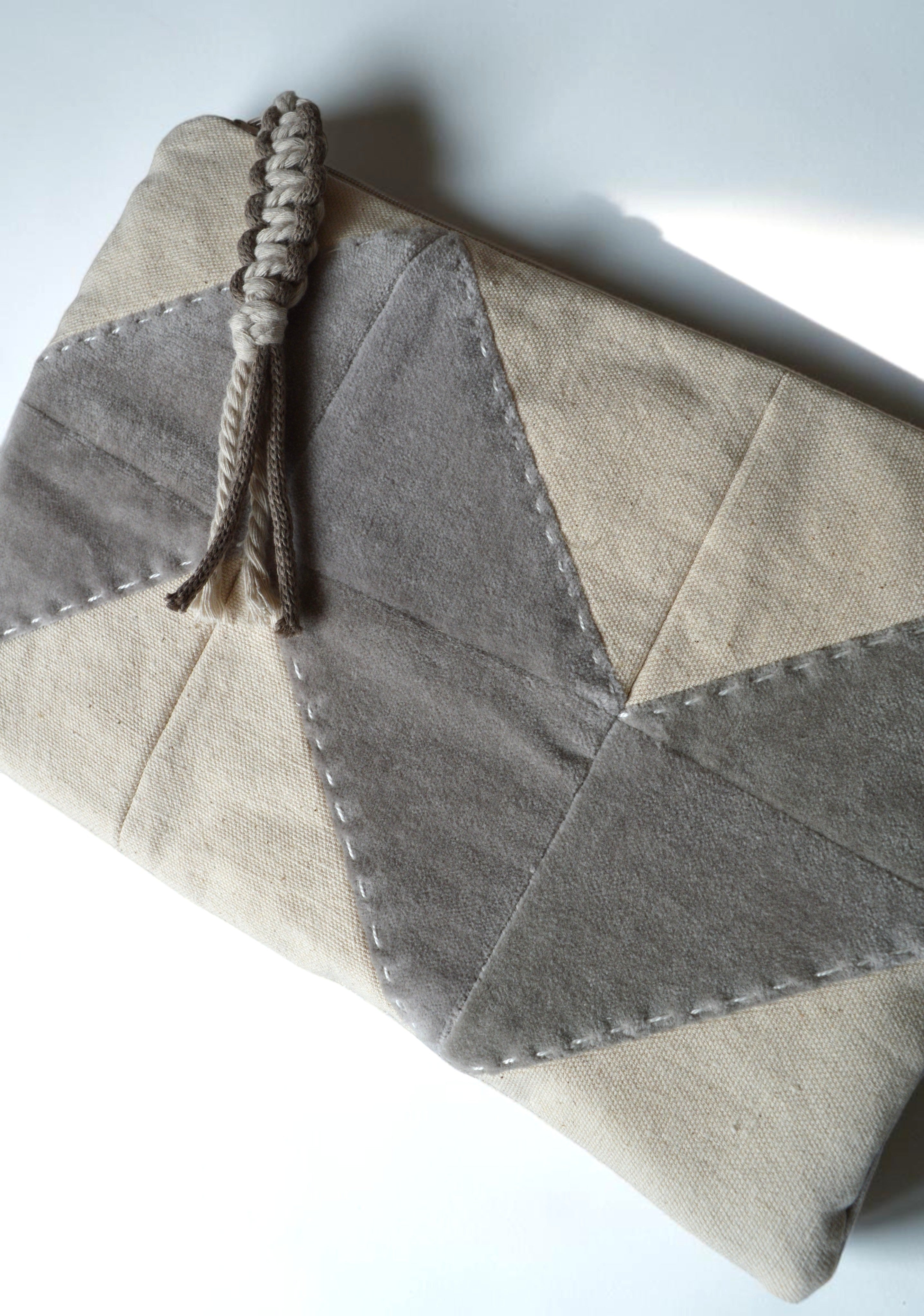 Neutral Quilted Cosmetic Bag | Patchwork Makeup Pouch in Cotton & Velvet