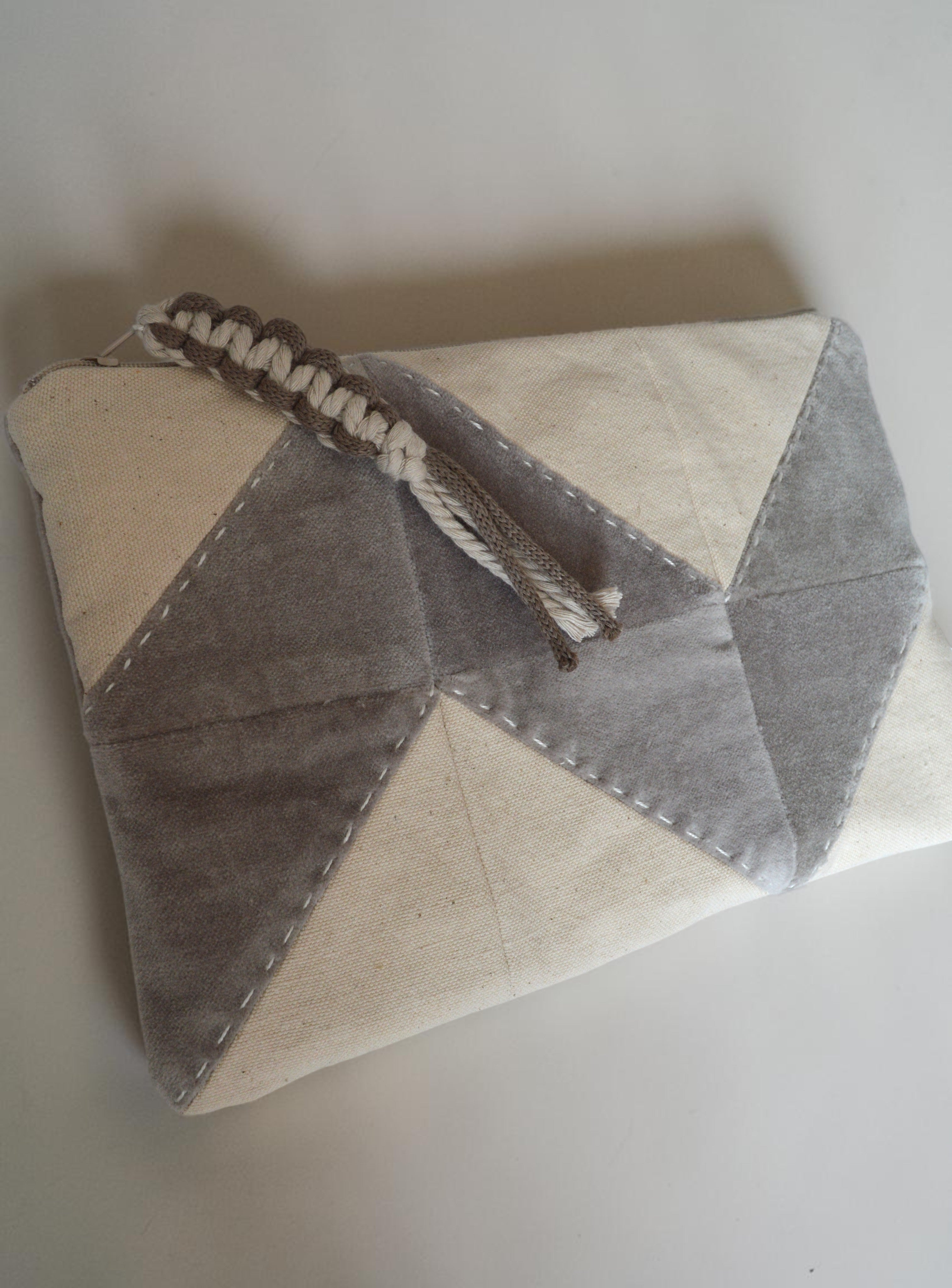 Neutral Quilted Cosmetic Bag | Patchwork Makeup Pouch in Cotton & Velvet