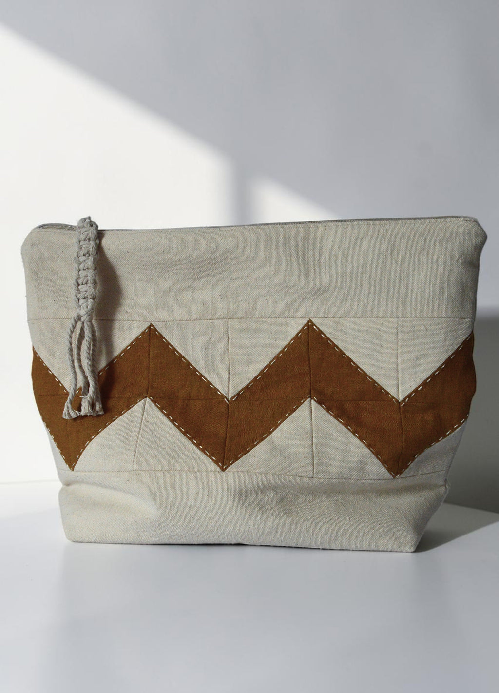 Large Quilted Toiletry Bag | Linen Travel Cosmetic Bag in Oat & Ochre
