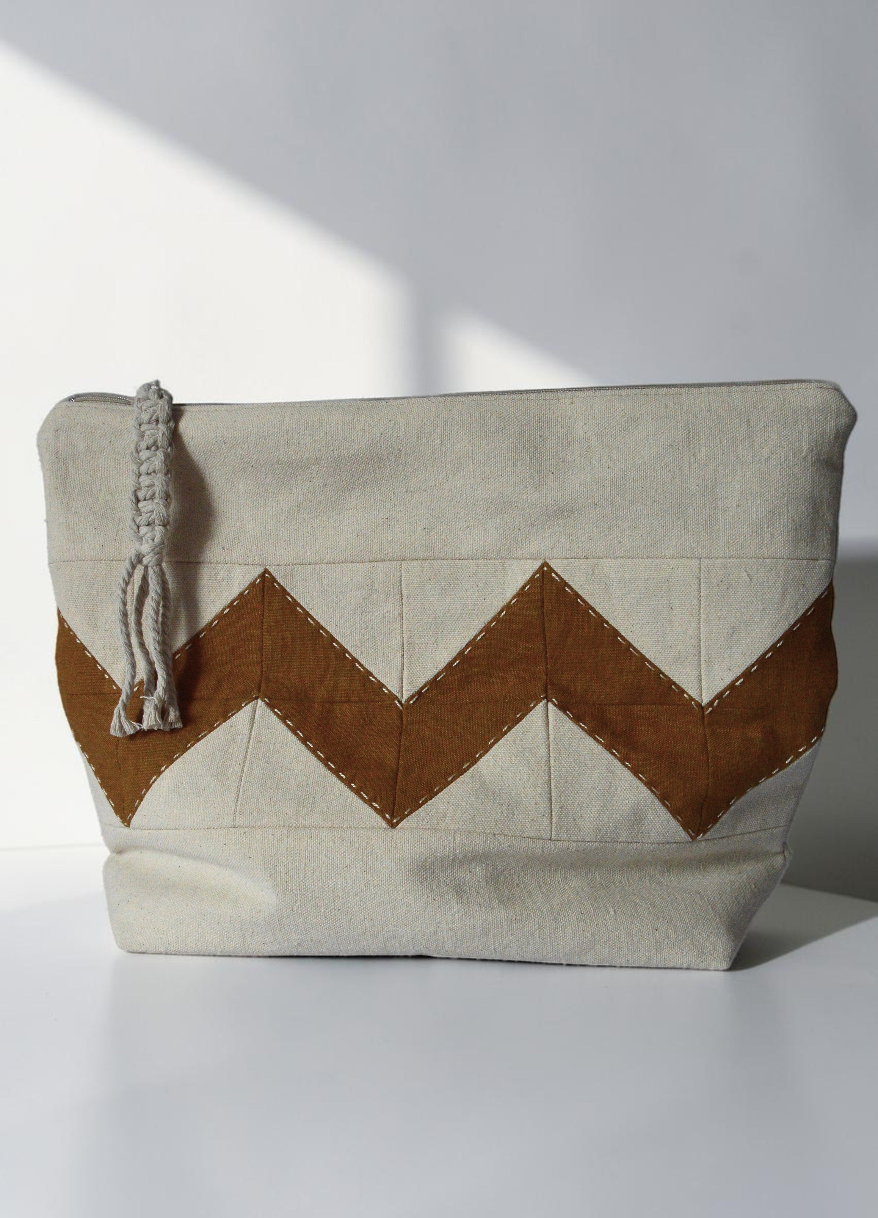 Large Quilted Toiletry Bag | Linen Travel Cosmetic Bag in Oat & Ochre