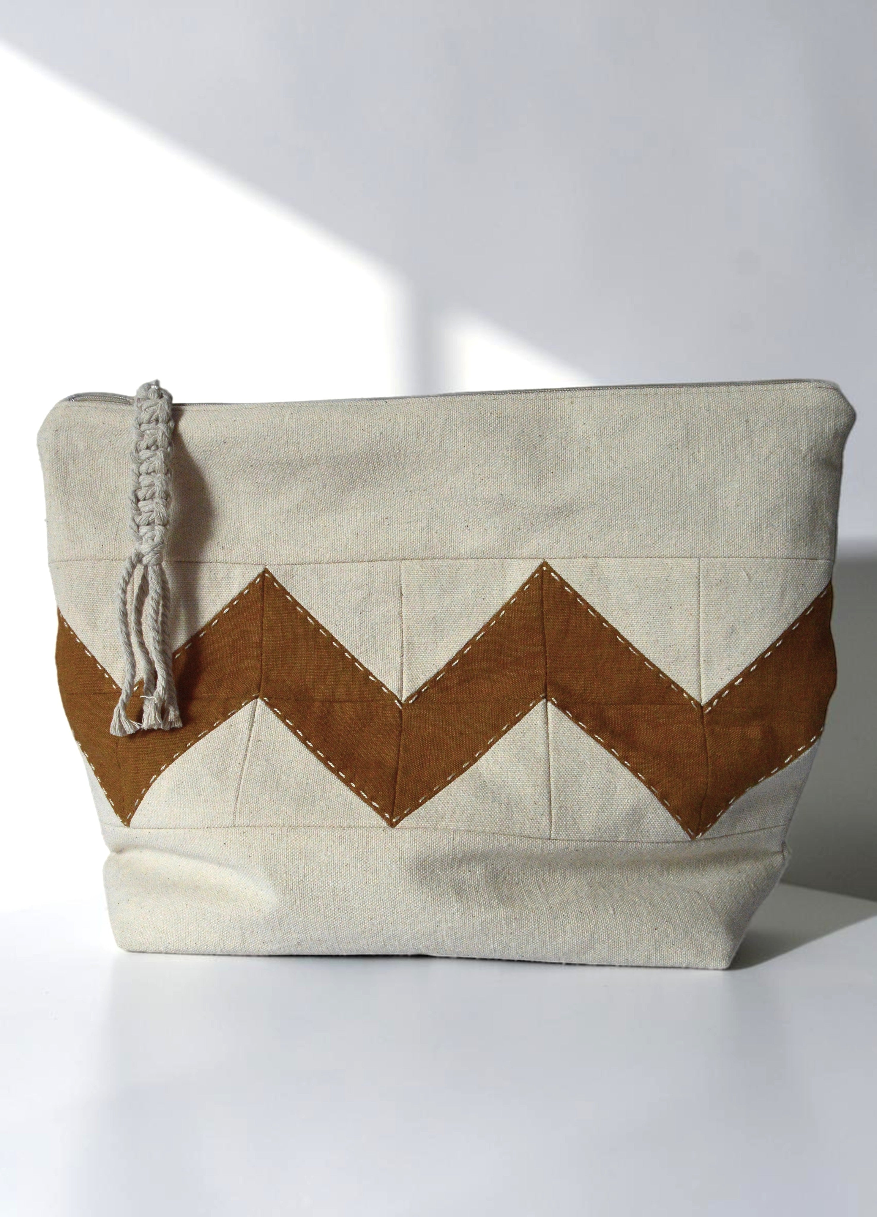 Large Quilted Toiletry Bag | Linen Travel Cosmetic Bag in Oat & Ochre