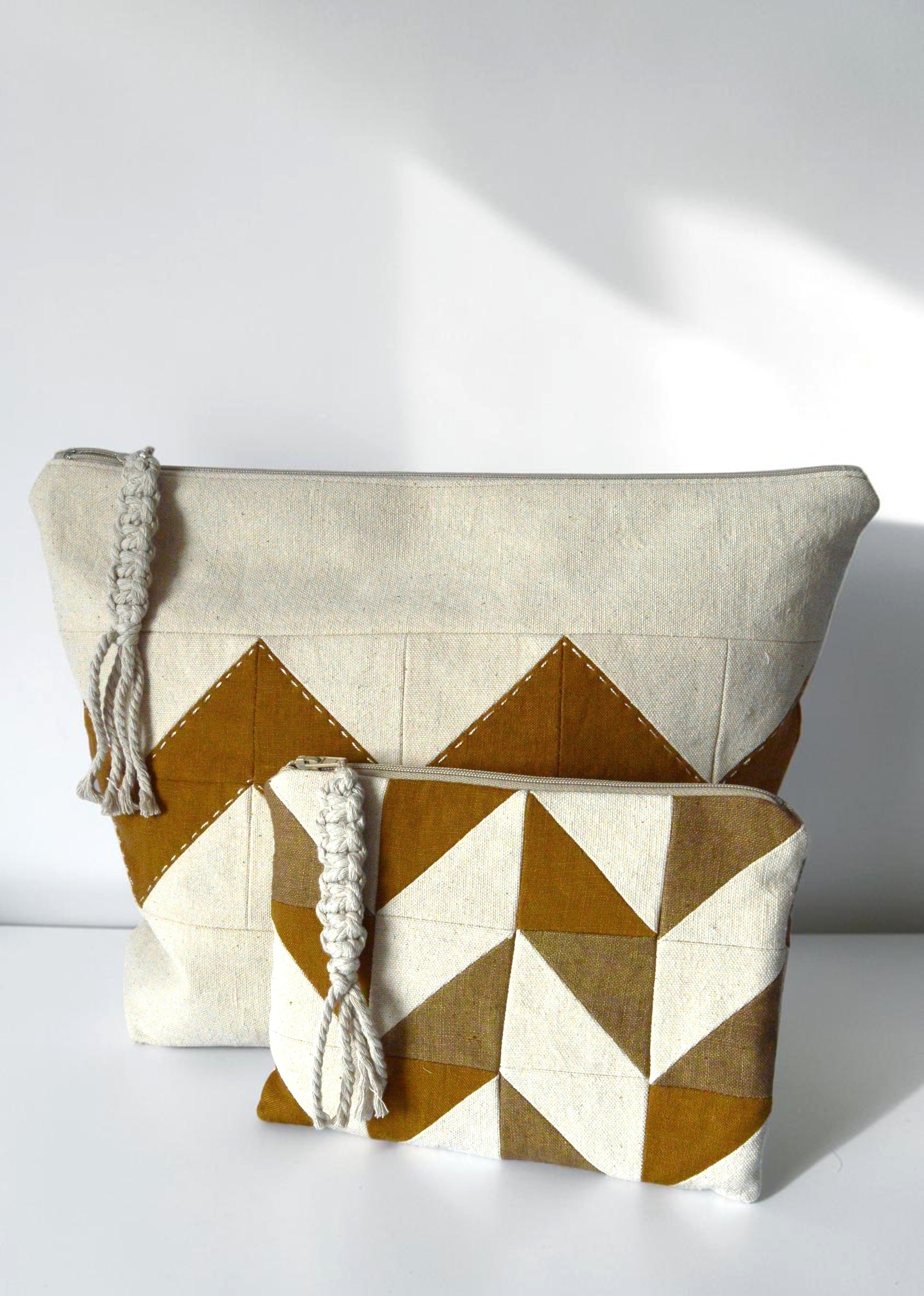 Quilted Travel Pouch Set | Linen Cosmetic Bag Set