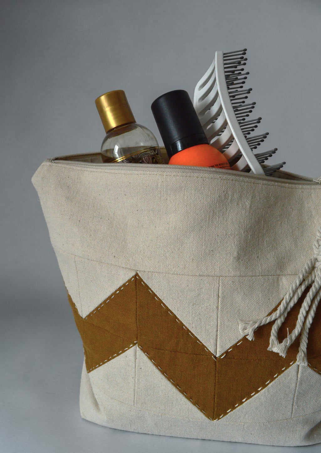 Large Quilted Toiletry Bag | Linen Travel Cosmetic Bag in Oat & Ochre