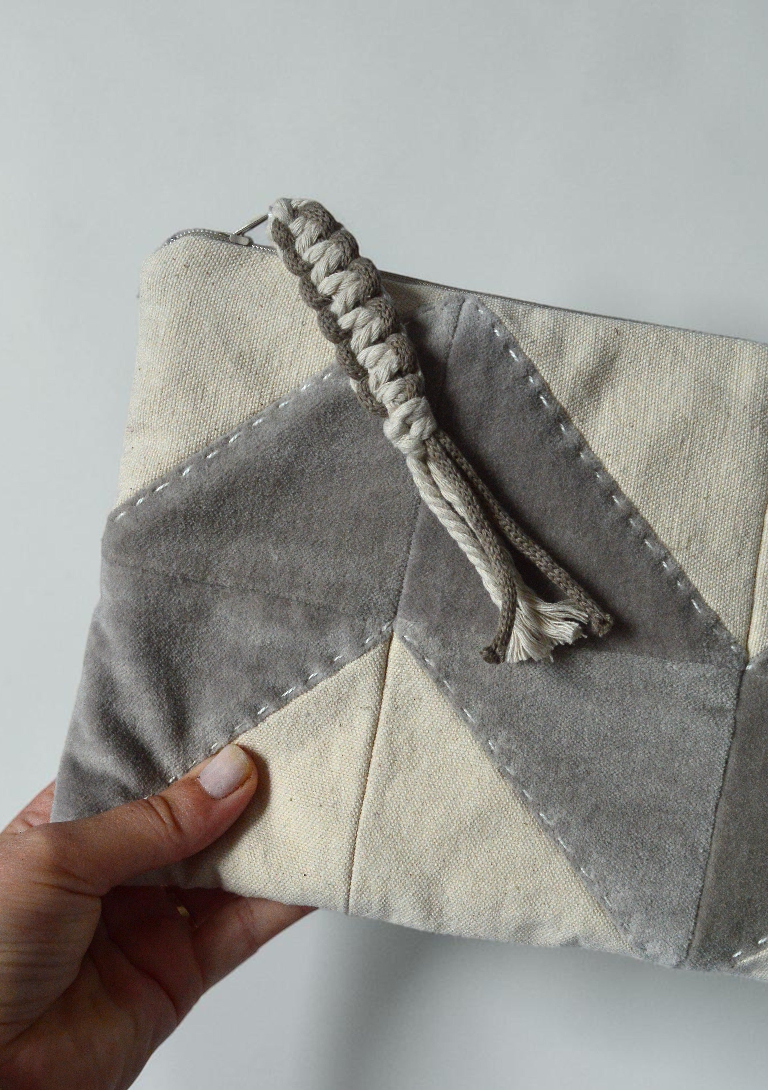 Neutral Quilted Cosmetic Bag | Patchwork Makeup Pouch in Cotton & Velvet