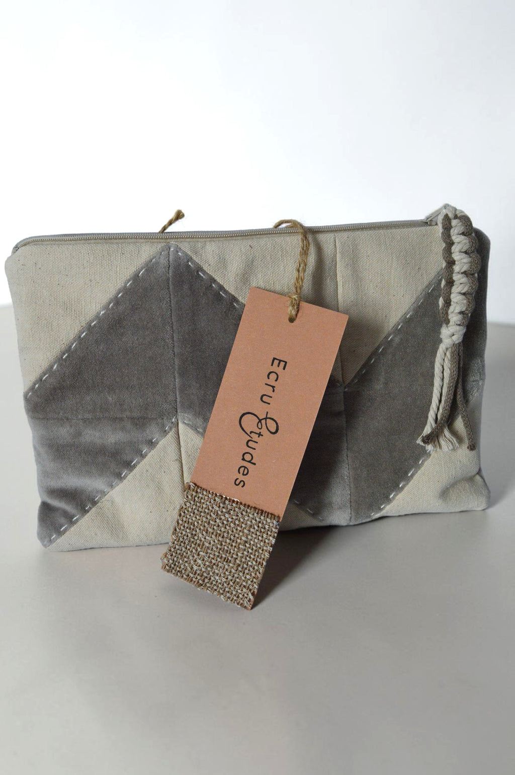 Neutral Quilted Cosmetic Bag | Patchwork Makeup Pouch in Cotton & Velvet