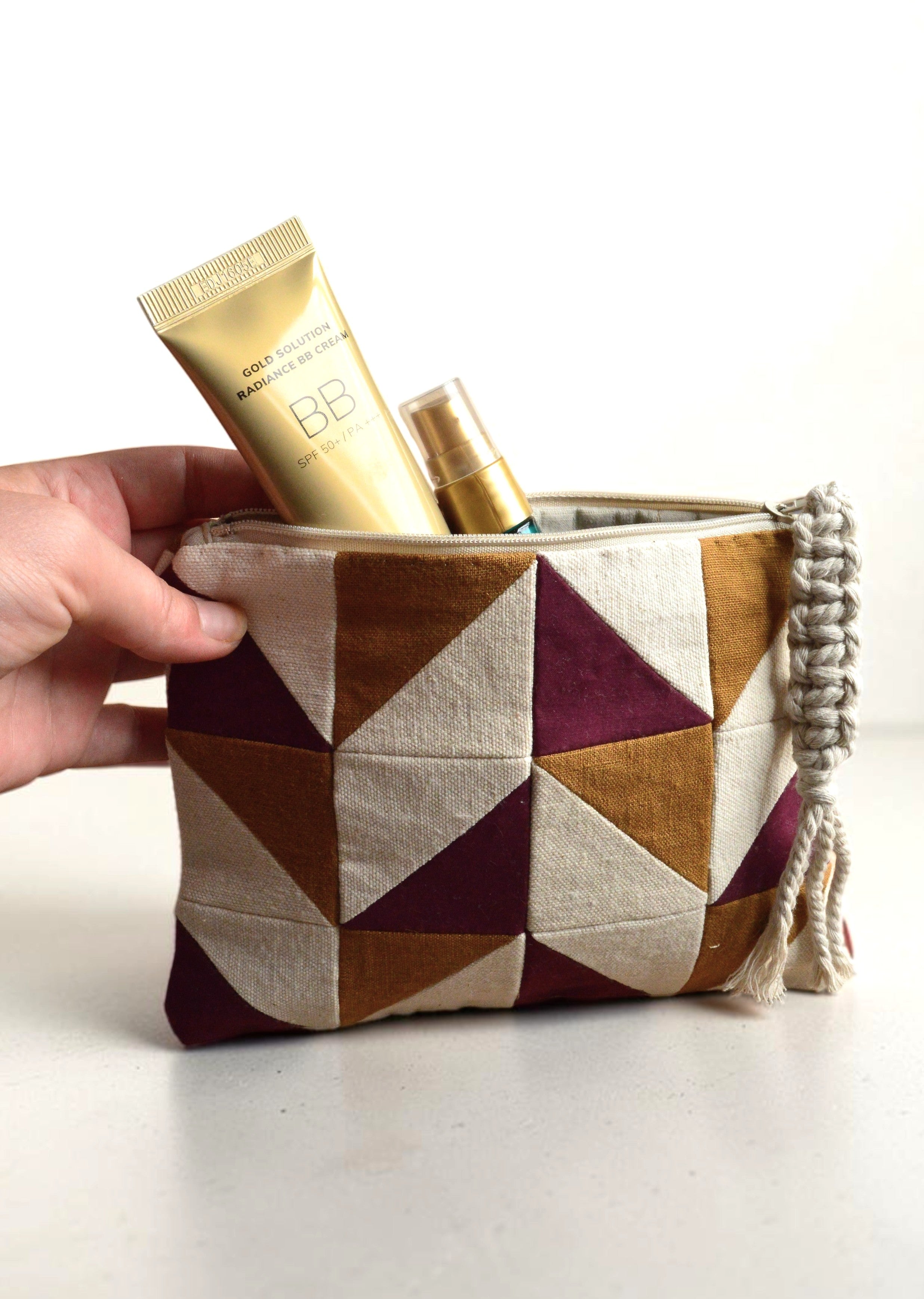 Burgundy & Ochre Quilted Cosmetic Pouch