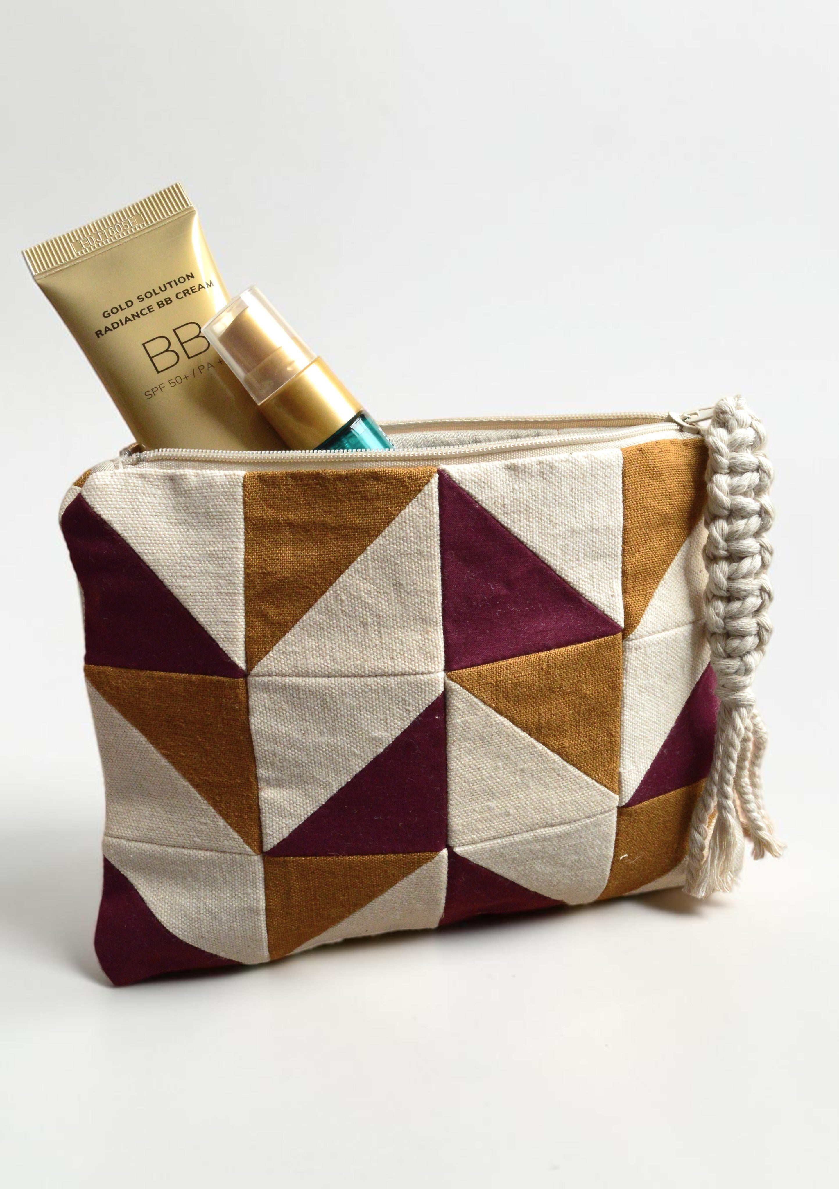 Burgundy & Ochre Quilted Cosmetic Pouch