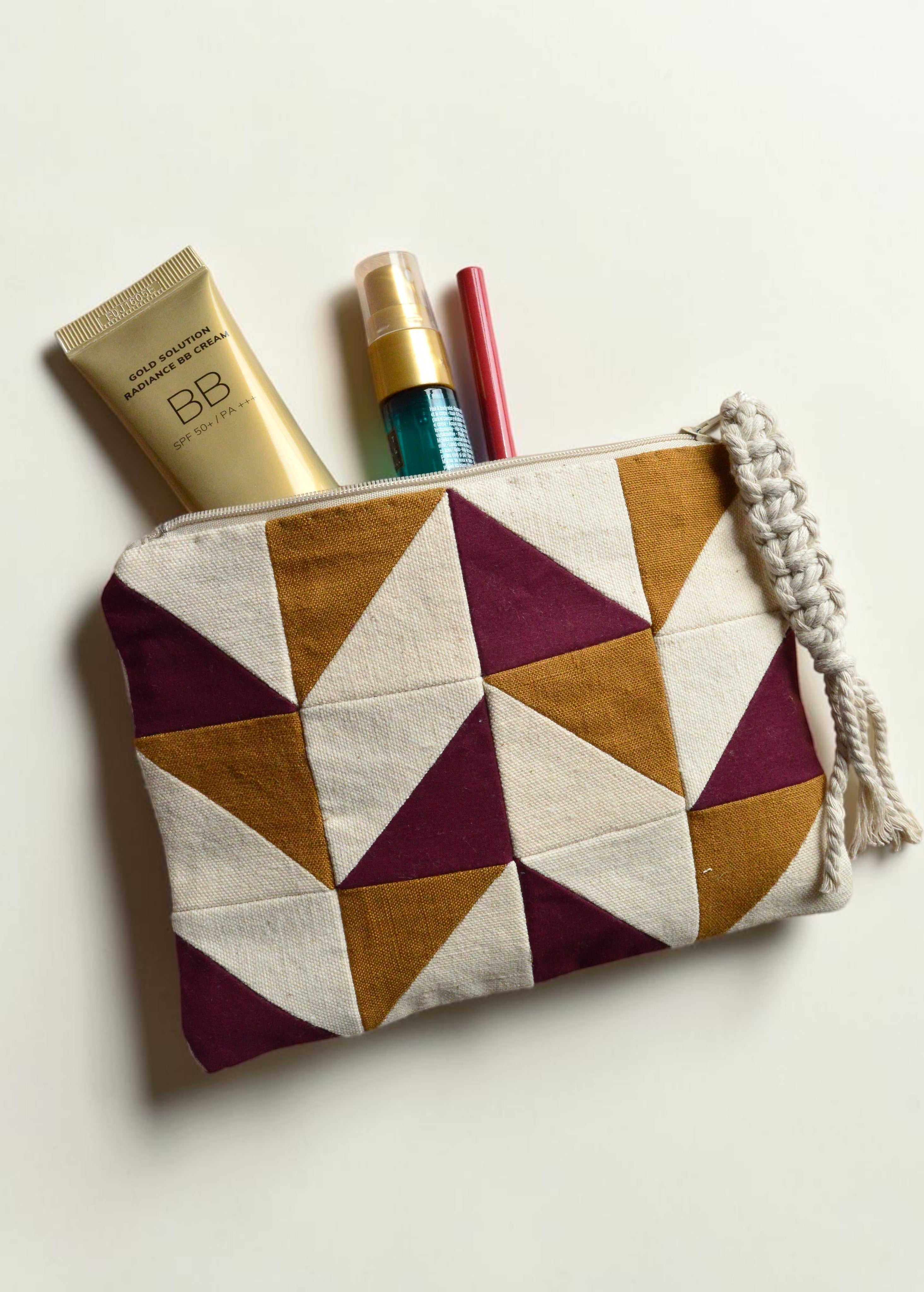 Burgundy & Ochre Quilted Cosmetic Pouch