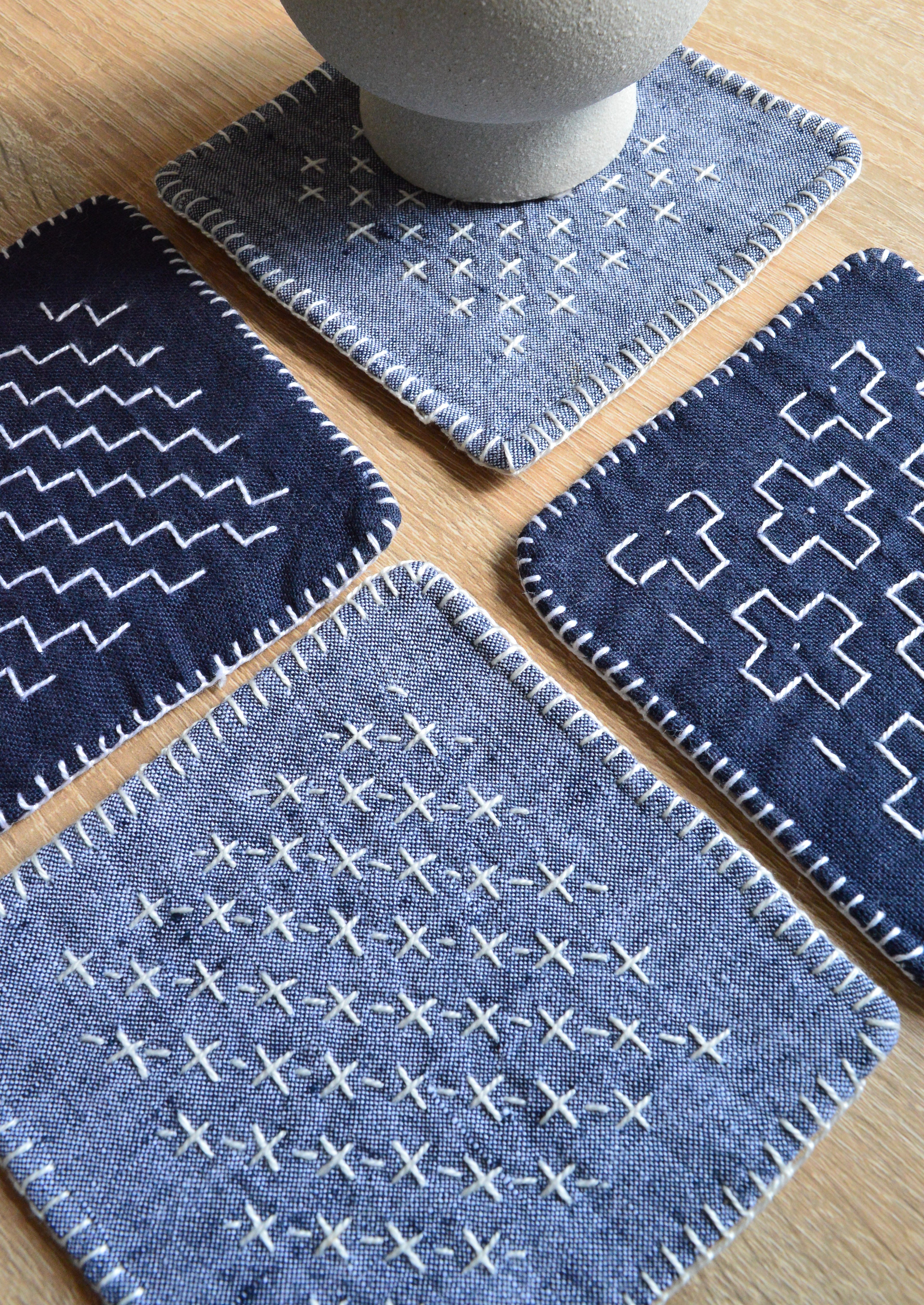 Sashiko Linen Coasters – Set of 4