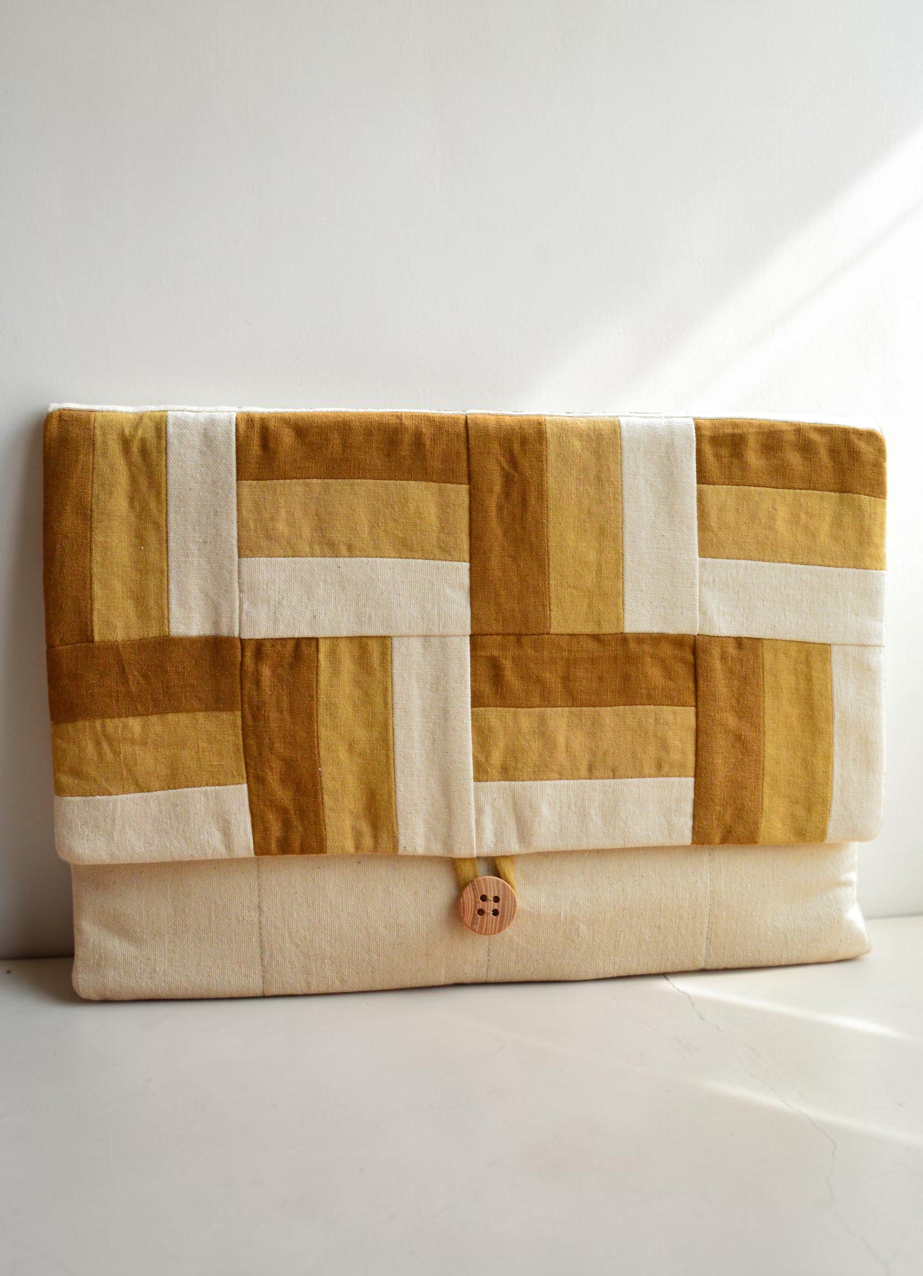 Modern Patchwork Laptop Sleeve 13 14 inch | Ochre Mustard Linen Cotton Case