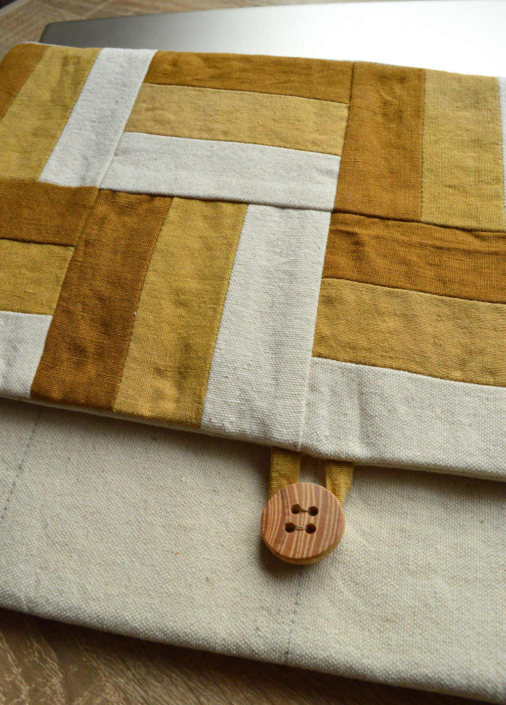 Modern Patchwork Laptop Sleeve 13 14 inch | Ochre Mustard Linen Cotton Case