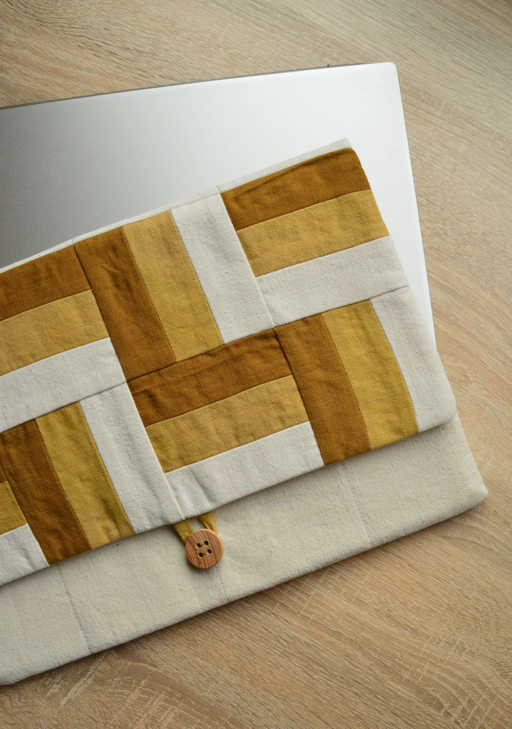 Modern Patchwork Laptop Sleeve 13 14 inch | Ochre Mustard Linen Cotton Case