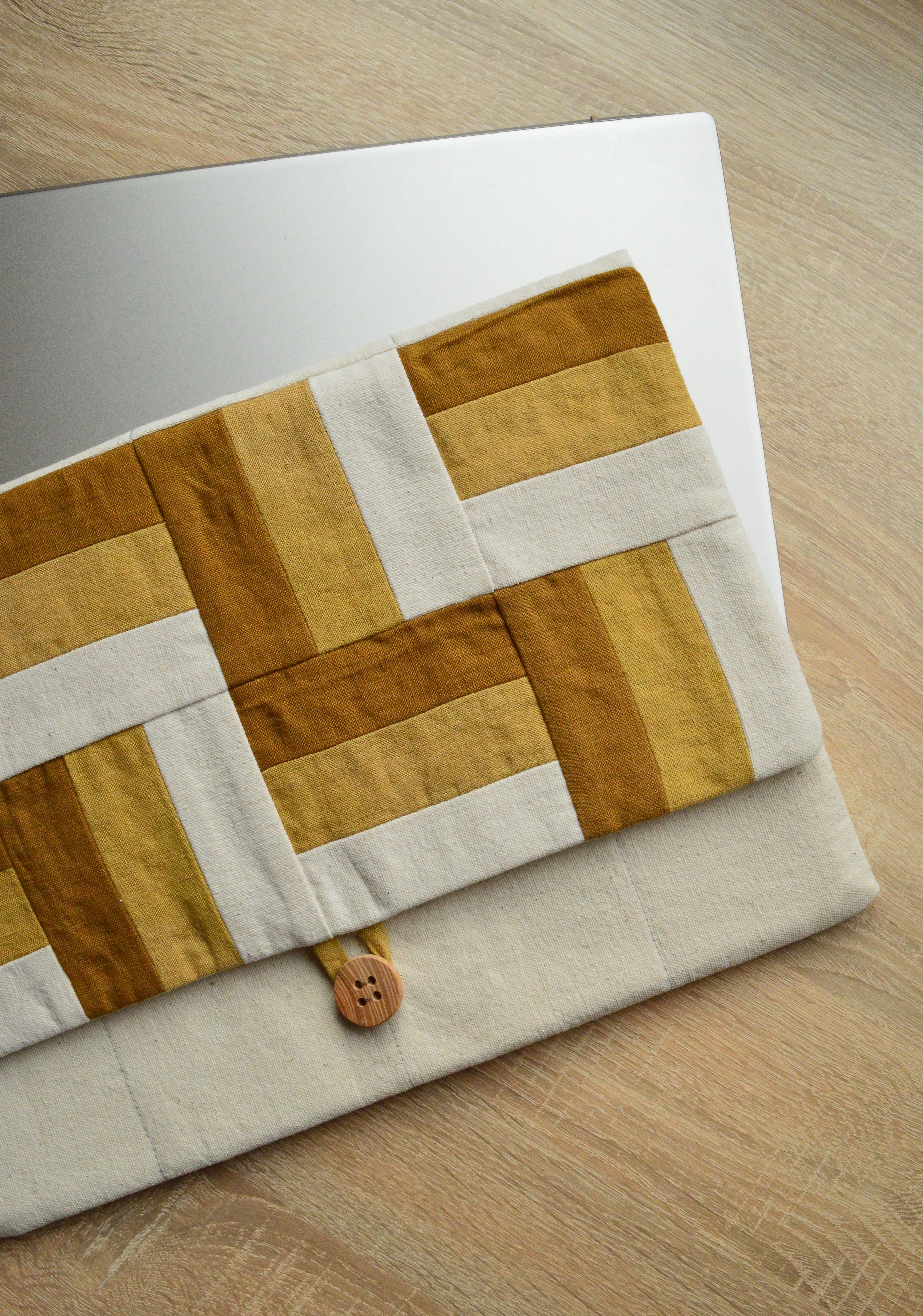 Modern Patchwork Laptop Sleeve 13 14 inch | Ochre Mustard Linen Cotton Case