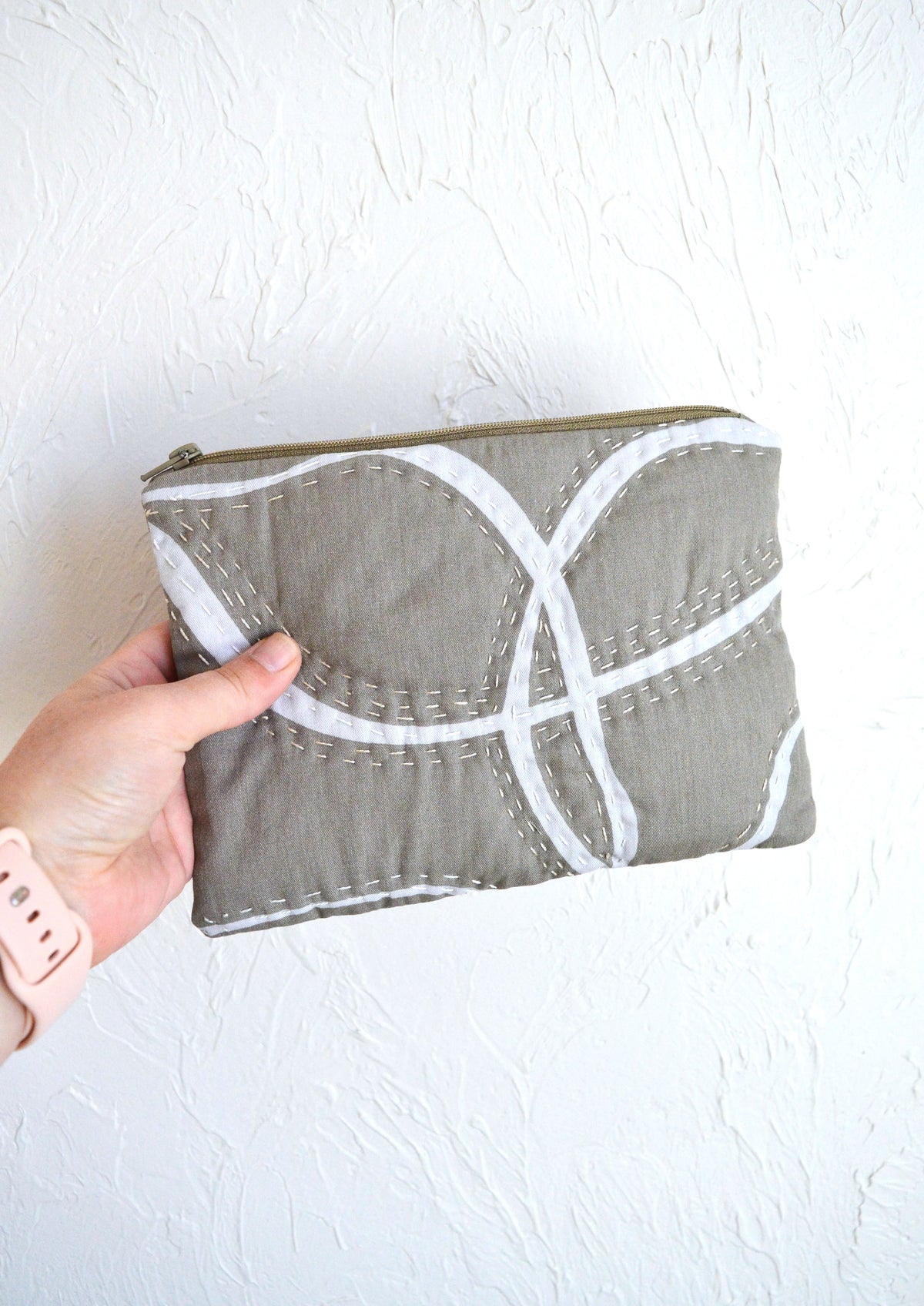 Beige Gray Hand-Quilted Cosmetic Pouch