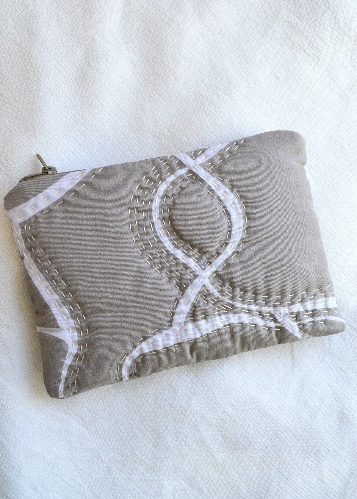 Beige Gray Hand-Quilted Cosmetic Pouch