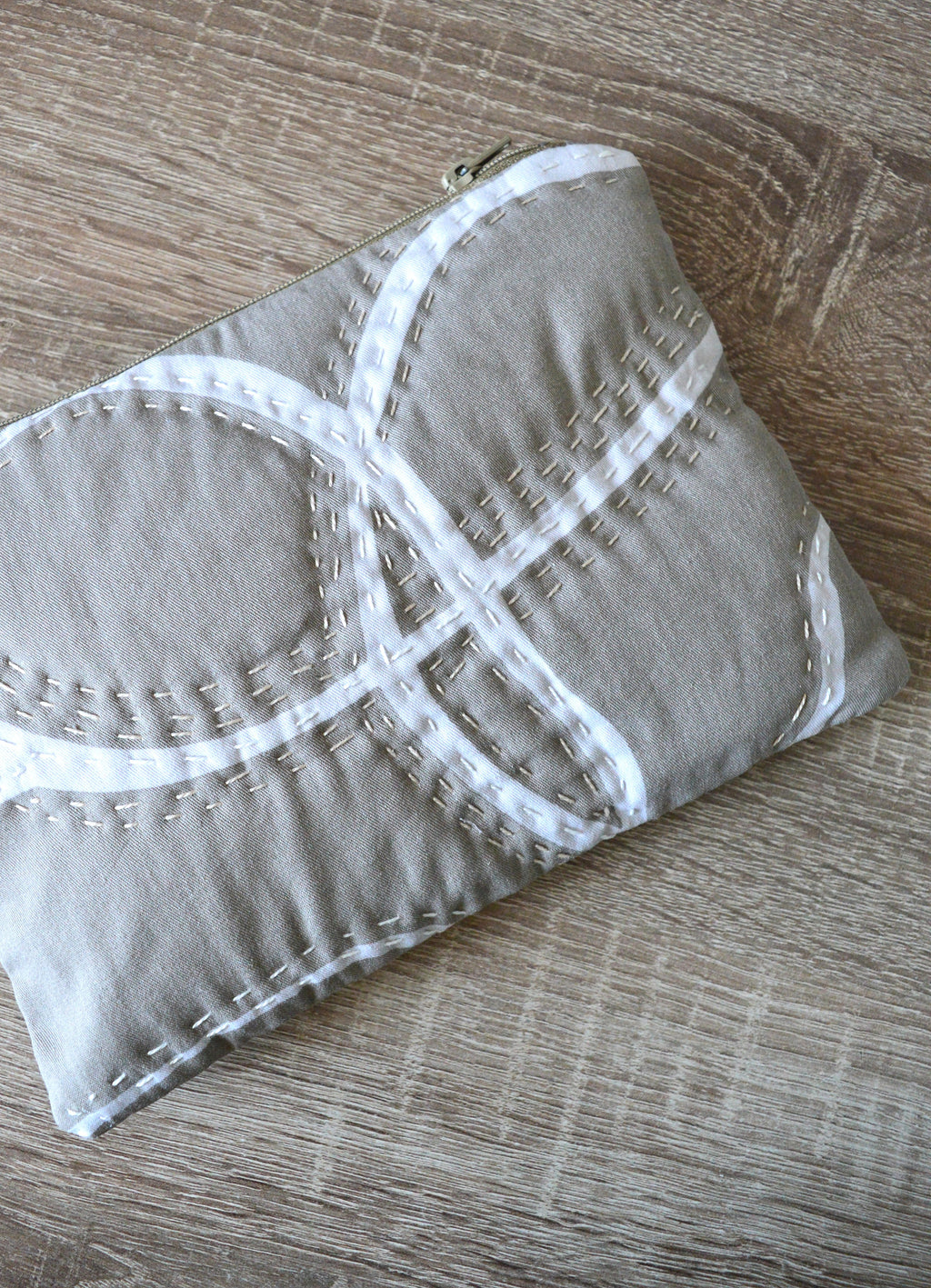 Beige Gray Hand-Quilted Cosmetic Pouch