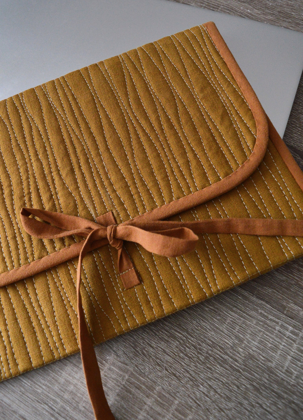 Minimalist Quilted iPad Sleeve 11 inch | Ochre Brown Linen Tablet Case