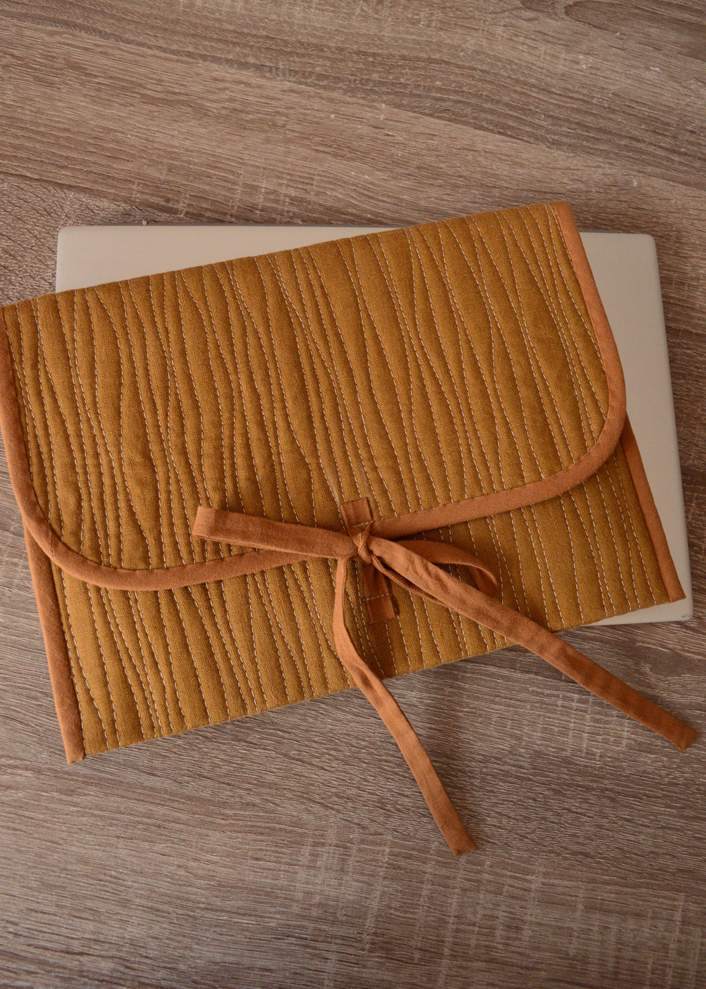 Minimalist Quilted iPad Sleeve 11 inch | Ochre Brown Linen Tablet Case