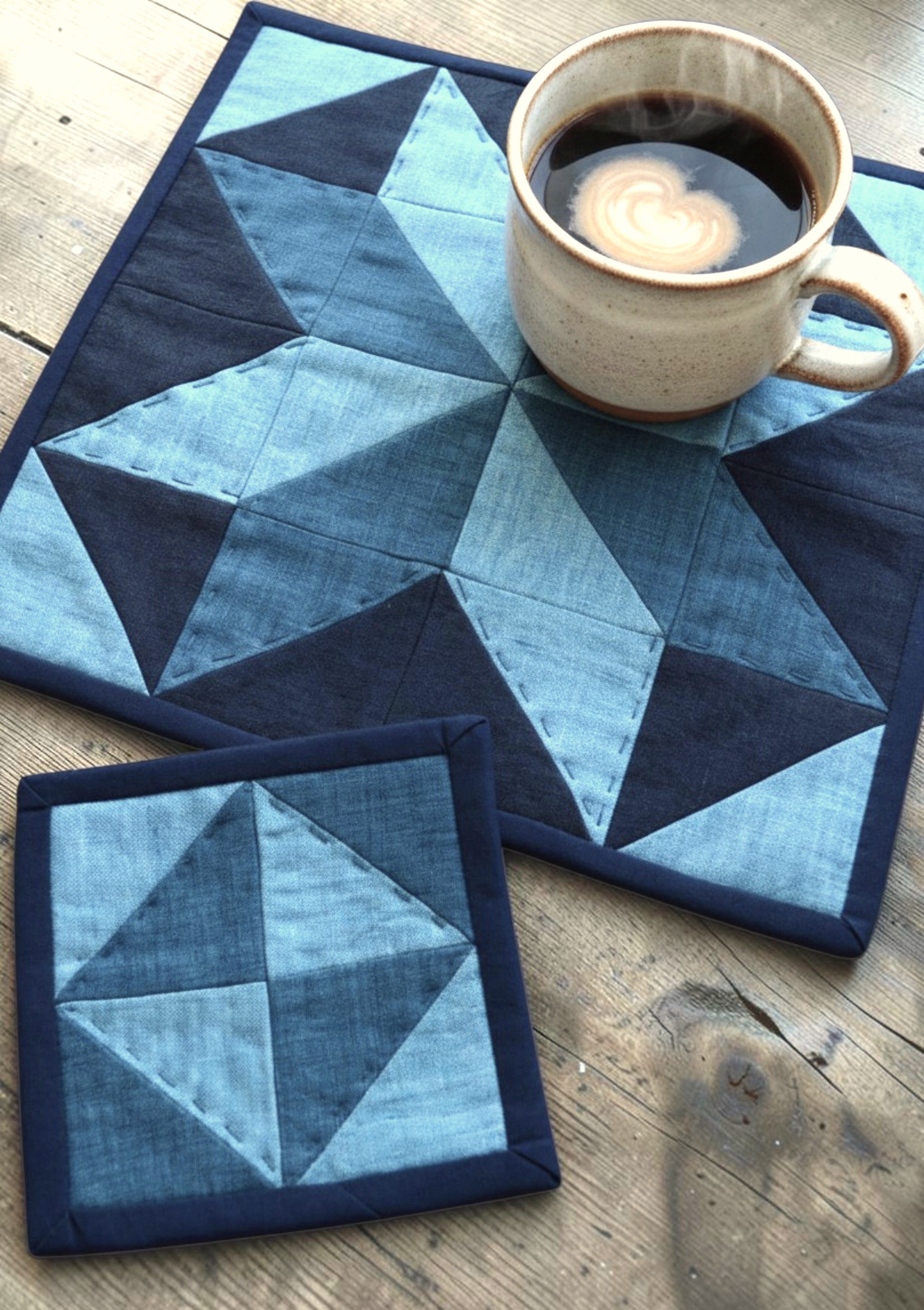 Hand-Quilted Indigo Linen Table Set — Patchwork Runner & 4 Coasters
