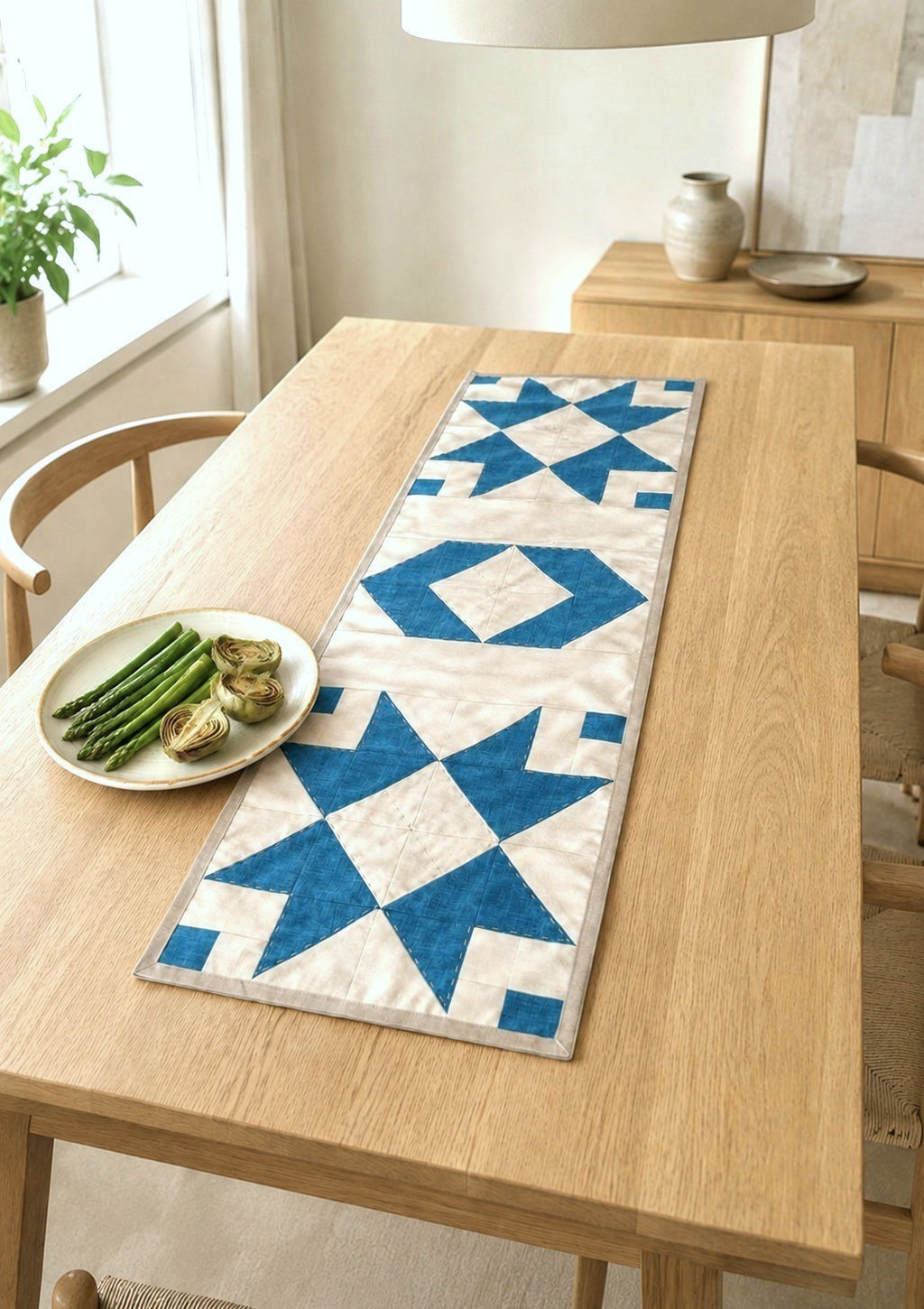 Hand-Quilted Deep Azure & Milky Linen Table Runner — New Nordic Patchwork