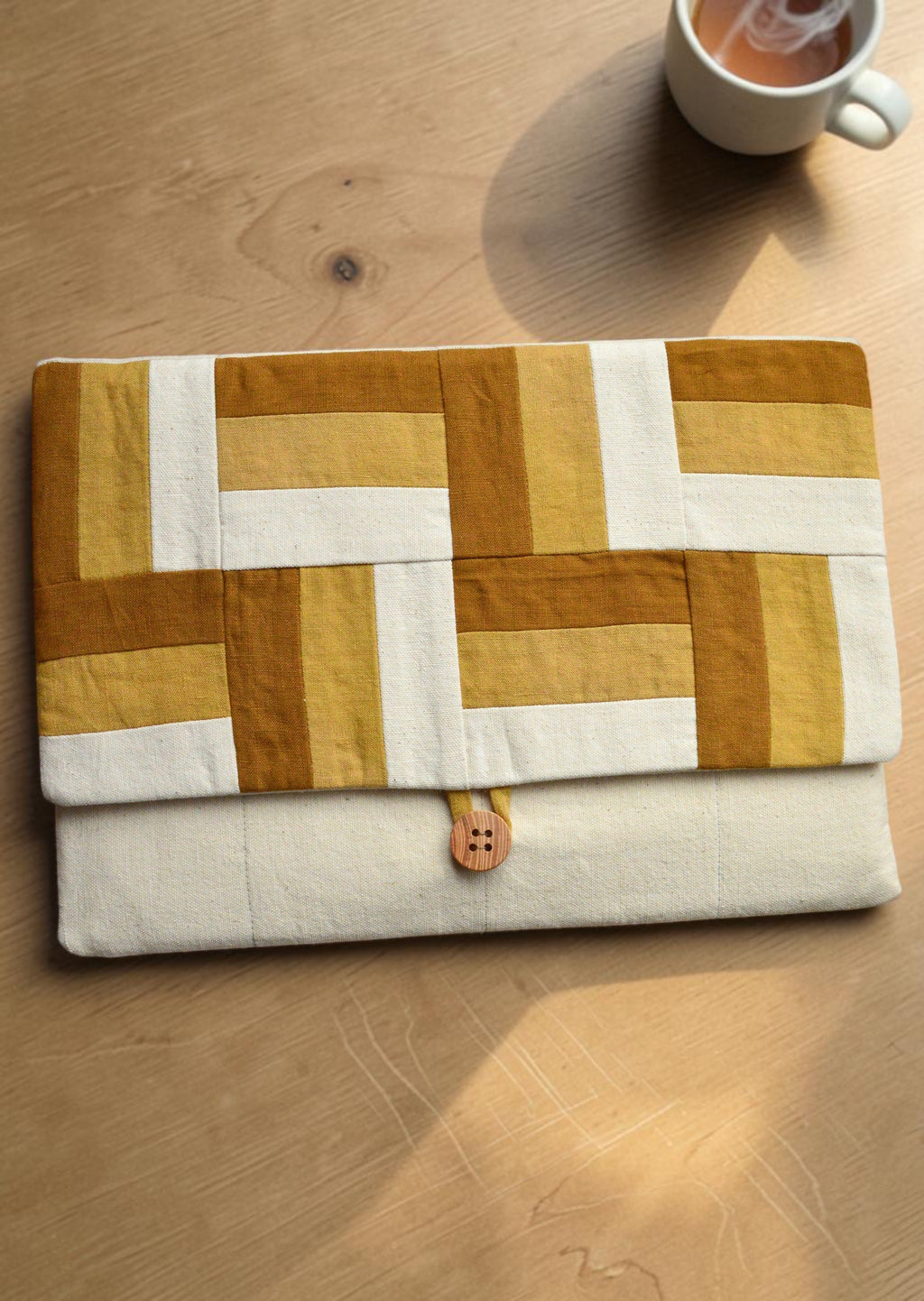 Modern Patchwork Laptop Sleeve 13 14 inch | Ochre Mustard Linen Cotton Case
