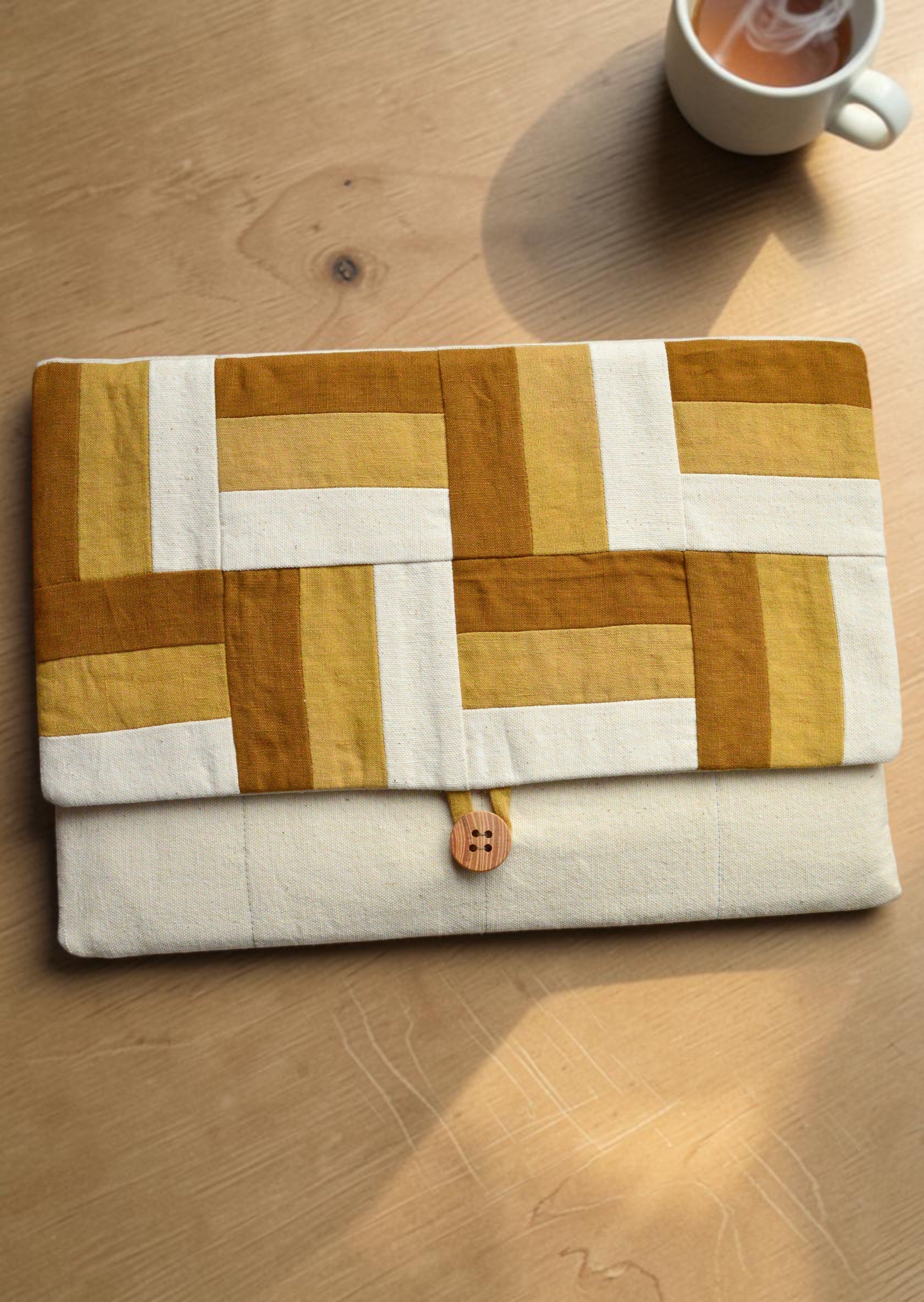 Modern Patchwork Laptop Sleeve 13 14 inch | Ochre Mustard Linen Cotton Case