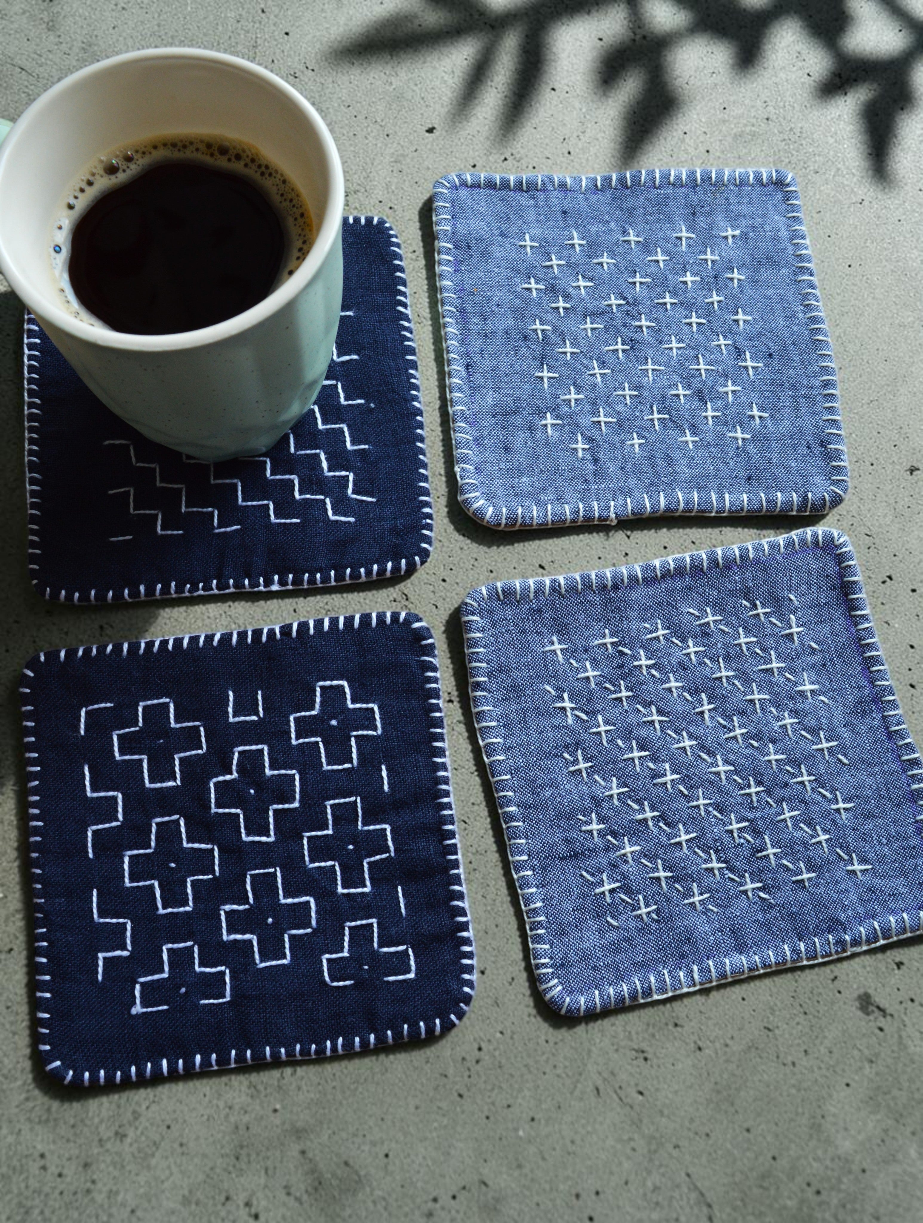 Sashiko Linen Coasters – Set of 4