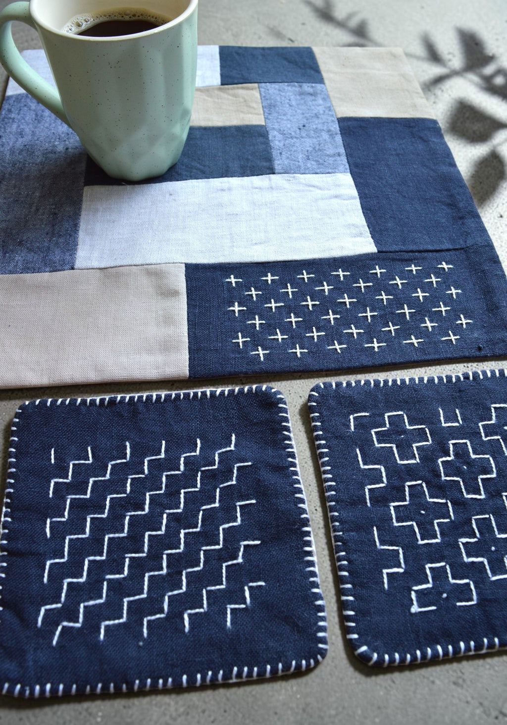 Sashiko Linen Table Set – 4 Coasters & Table Mat