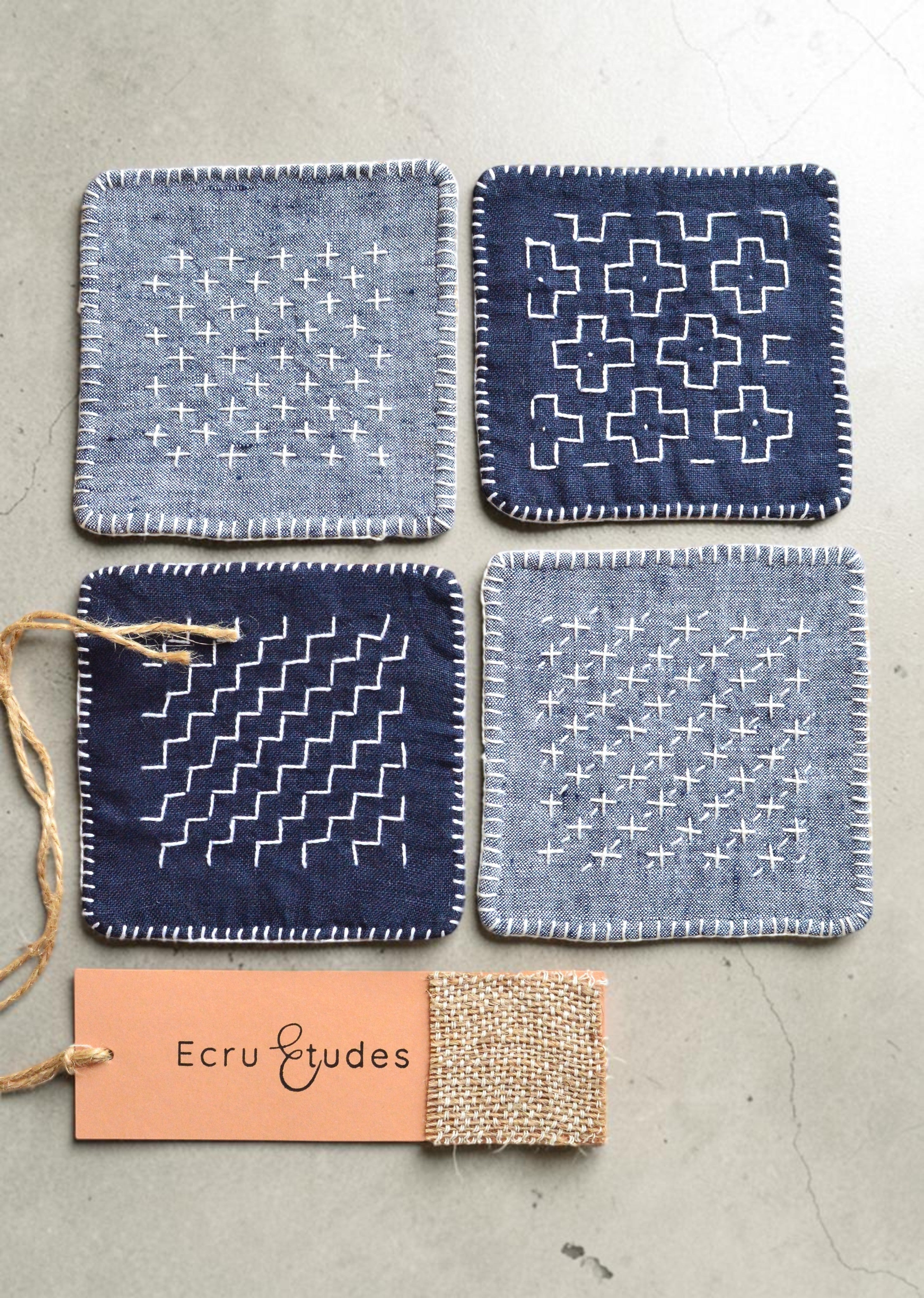 Sashiko Linen Coasters – Set of 4