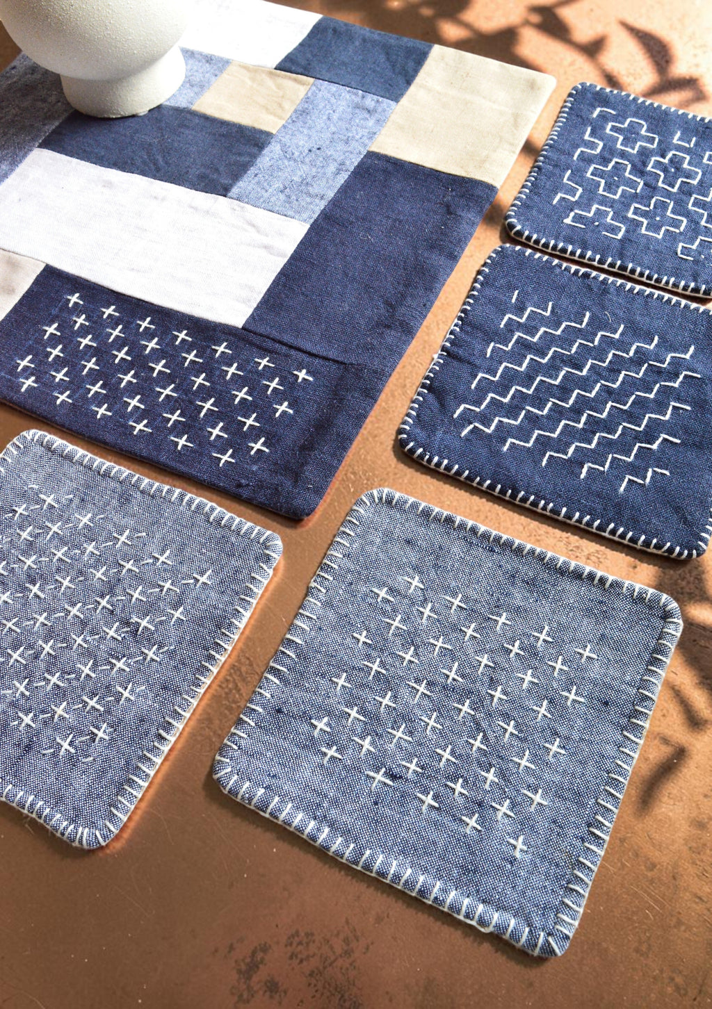 Sashiko Linen Coasters – Set of 4