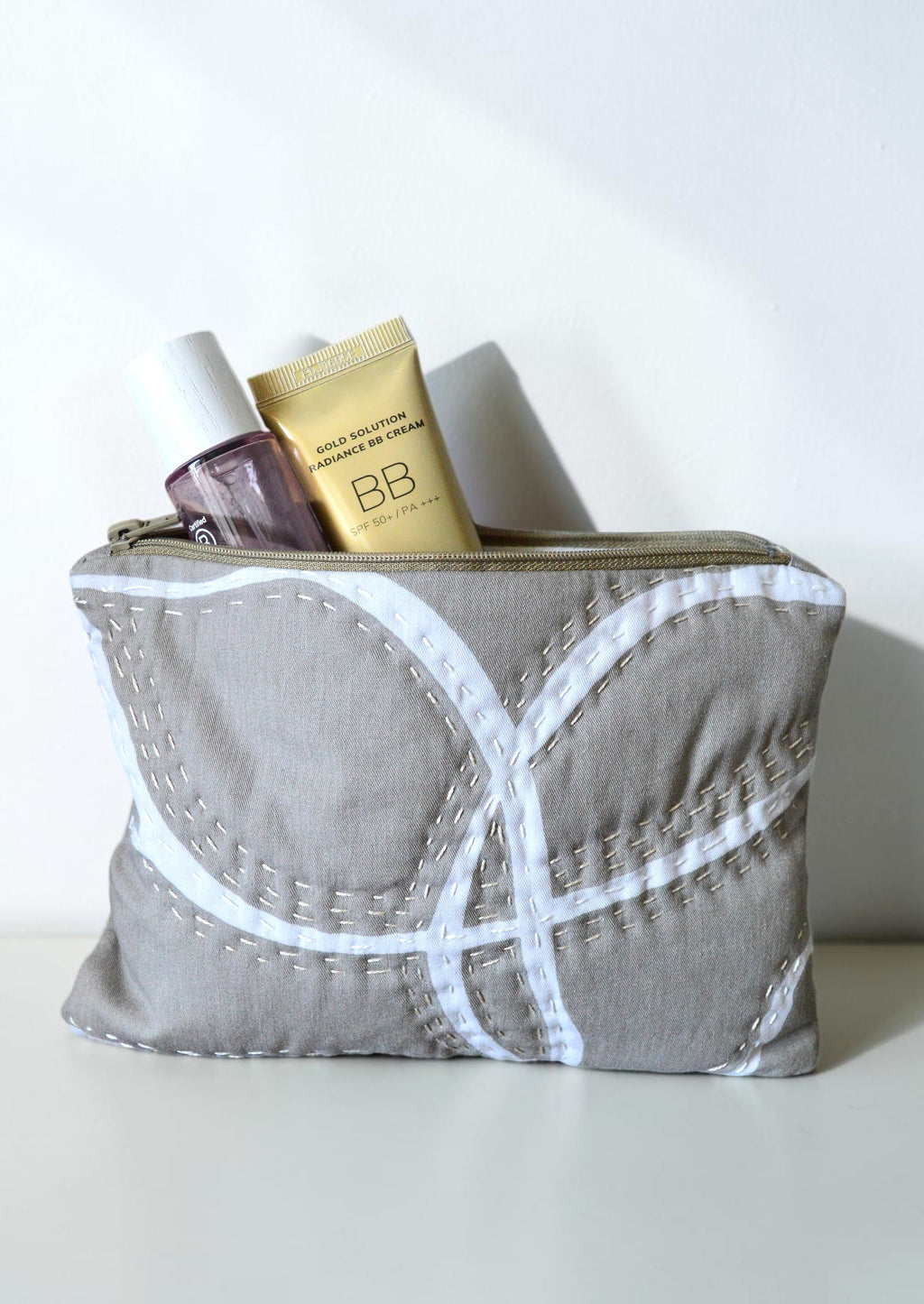 Beige Gray Hand-Quilted Cosmetic Pouch