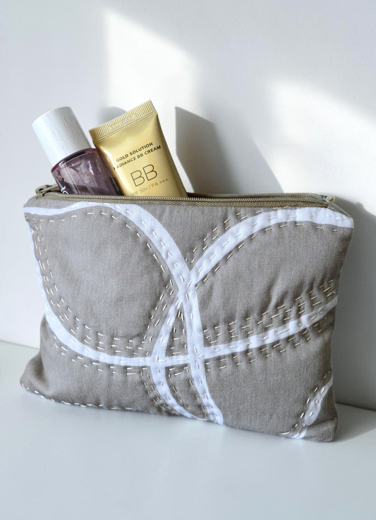 Beige Gray Hand-Quilted Cosmetic Pouch