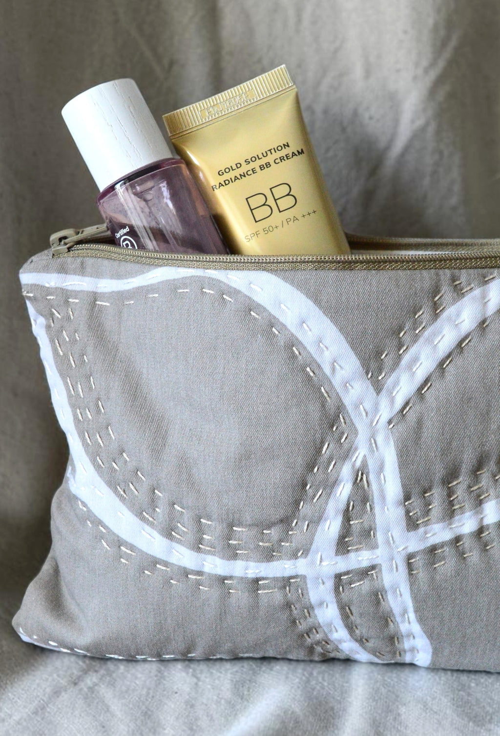 Beige Gray Hand-Quilted Cosmetic Pouch